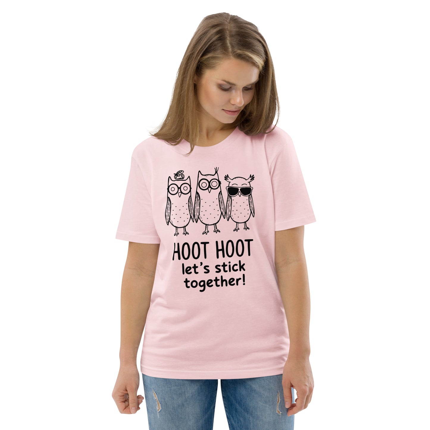 Unisex Organic Cotton T-Shirt: Hoot Hoot Let’s Stick Together! | Owl-Themed Sustainable Fashion USA Cotton Pink Dudeily