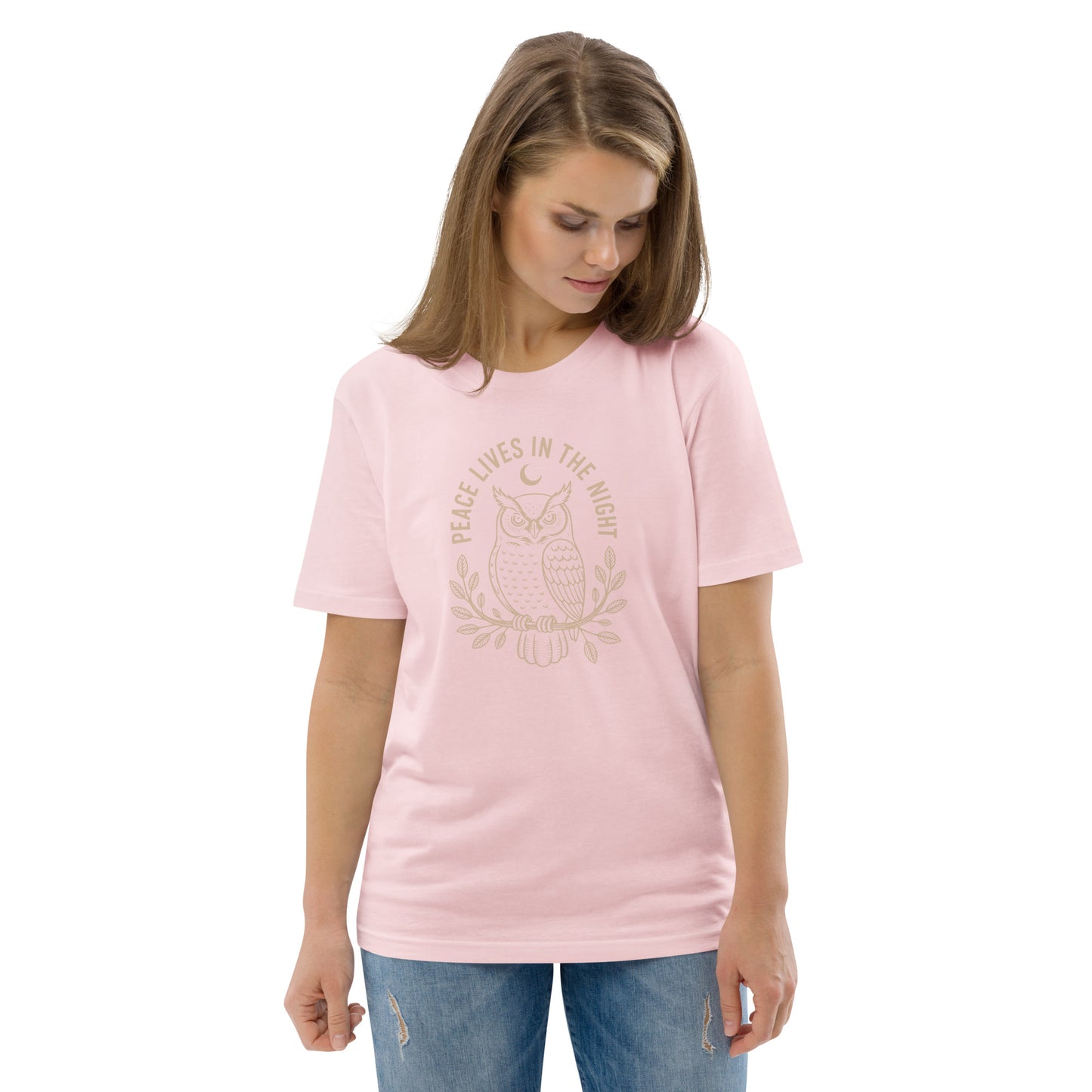Unisex Organic Cotton T-Shirt: 'Peace in the Night' | Sustainable Owl Fashion USA Cotton Pink Dudeily