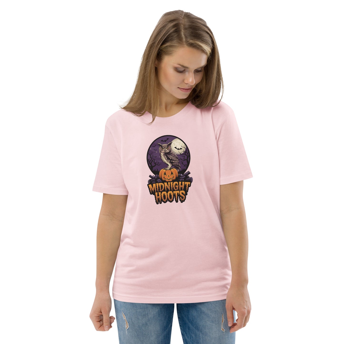 Unisex Organic Cotton T-Shirt: Halloween Owl Eco Fashion USA Cotton Pink Dudeily