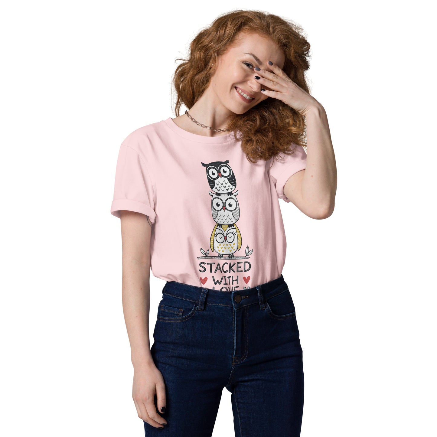 Unisex Organic Cotton T-Shirt: Stacked with Love | Owl-Themed Sustainable Fashion USA by Dudeily Cotton Pink Dudeily
