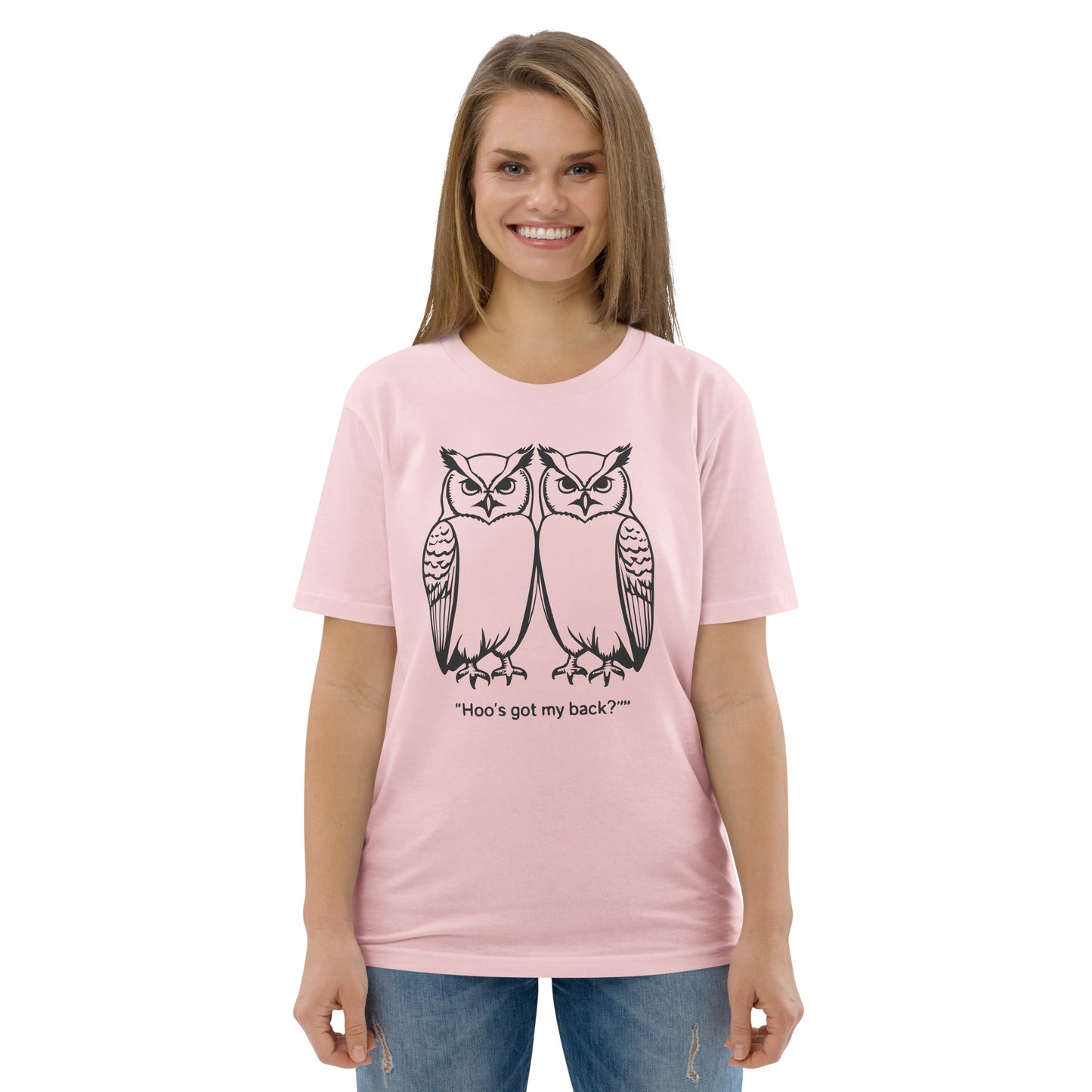 Unisex Organic Cotton T-Shirt: Hoo’s Got My Back? | Owl-Themed Sustainable Fashion USA by Dudeily Dudeily