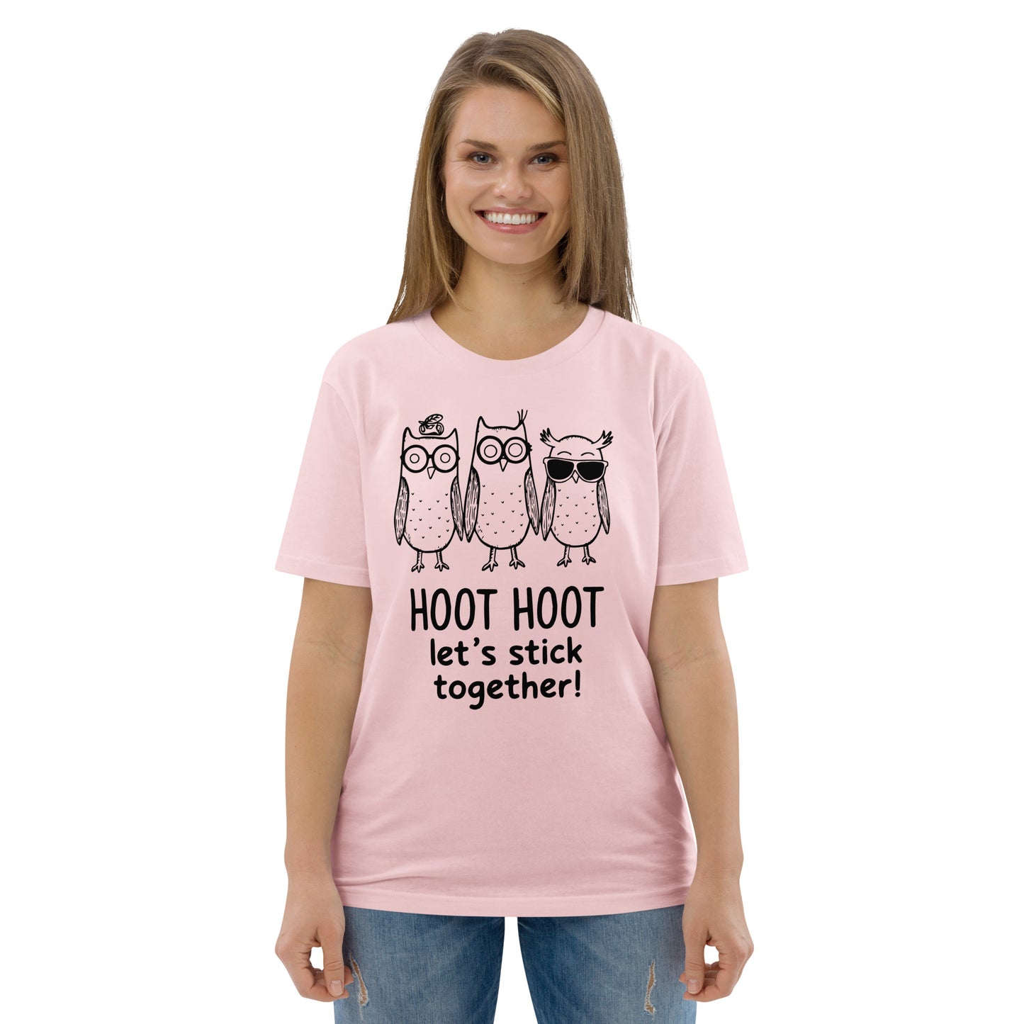 Unisex Organic Cotton T-Shirt: Hoot Hoot Let’s Stick Together! | Owl-Themed Sustainable Fashion USA Dudeily