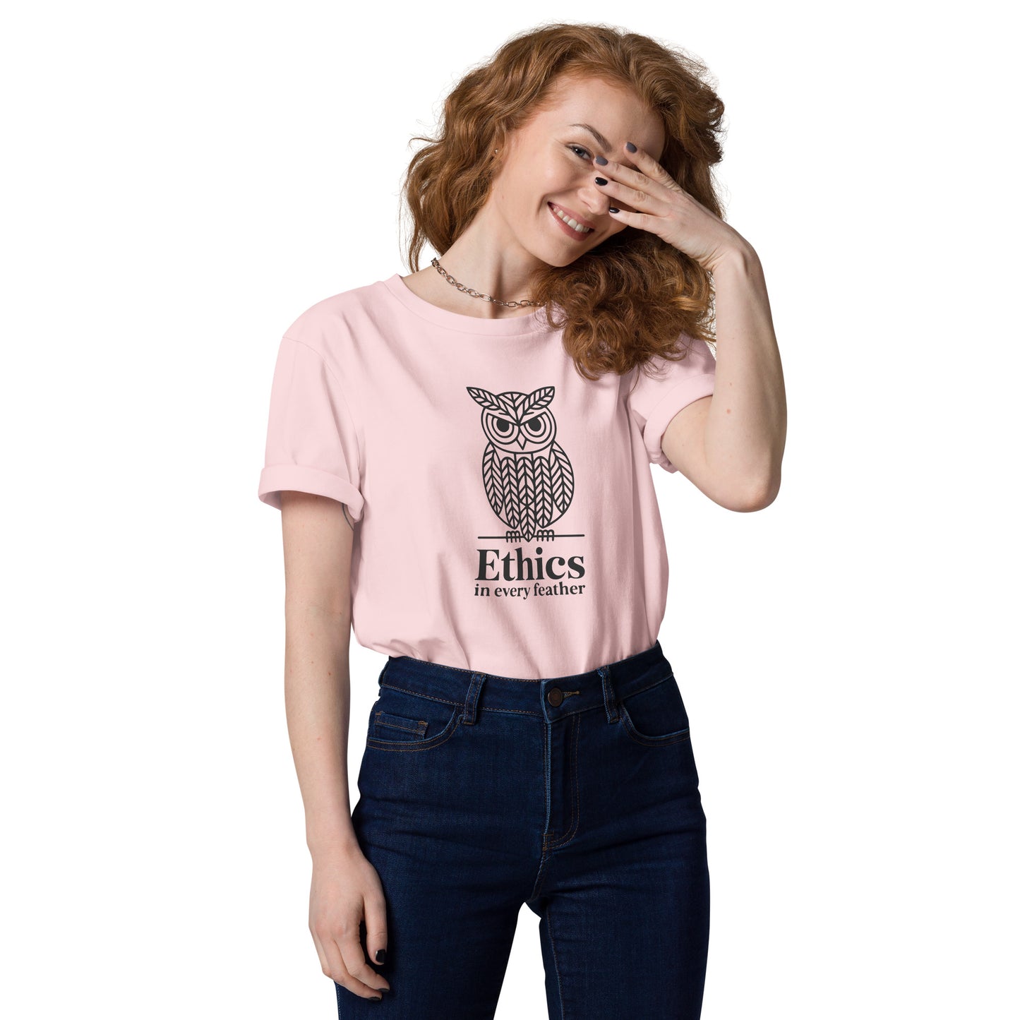 Unisex Organic Cotton T-Shirt: 'Ethics in Every Feather' for Fall | Sustainable Owl Fashion USA Cotton Pink Dudeily