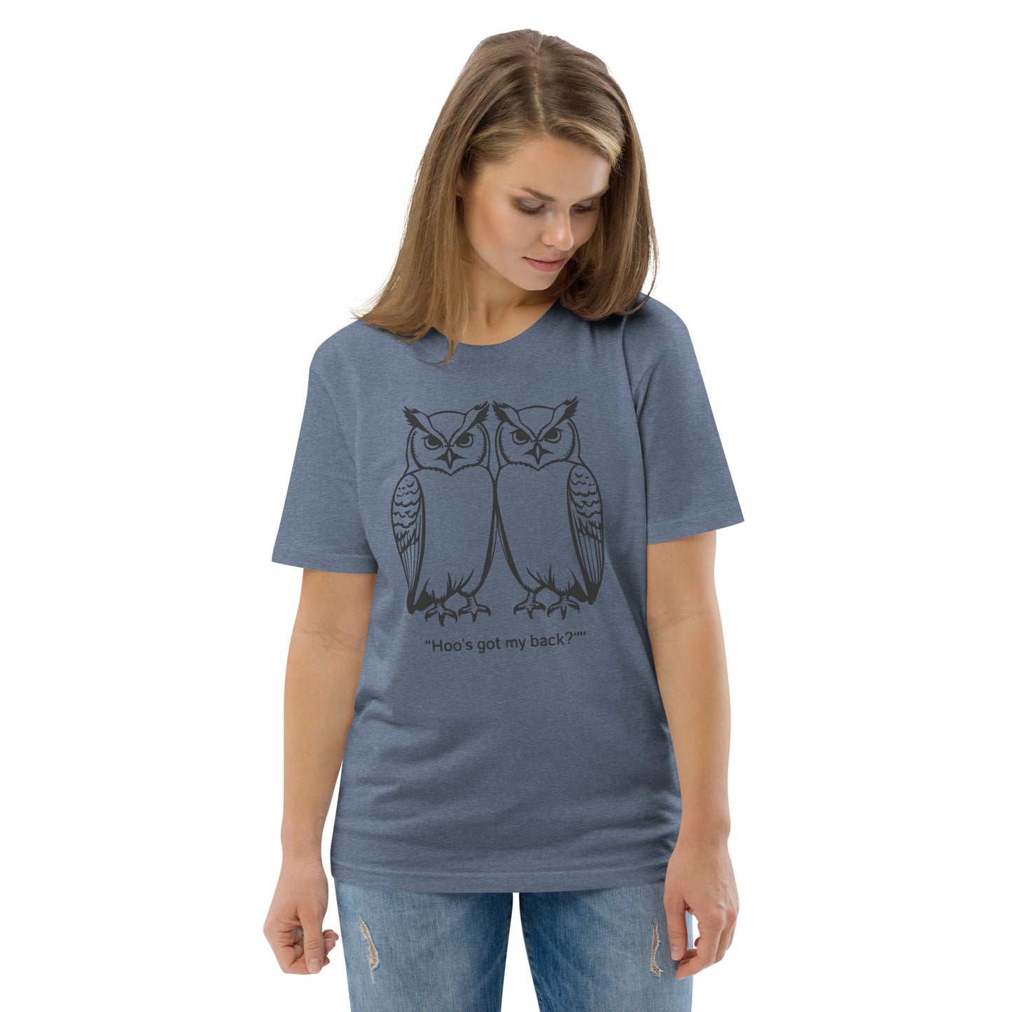 Unisex Organic Cotton T-Shirt: Hoo’s Got My Back? | Owl-Themed Sustainable Fashion USA by Dudeily Dark Heather Blue Dudeily