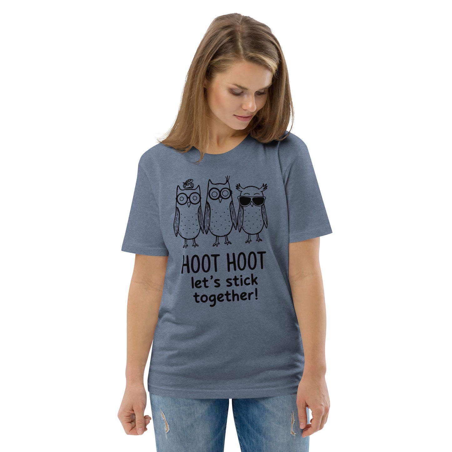 Unisex Organic Cotton T-Shirt: Hoot Hoot Let’s Stick Together! | Owl-Themed Sustainable Fashion USA Dark Heather Blue Dudeily