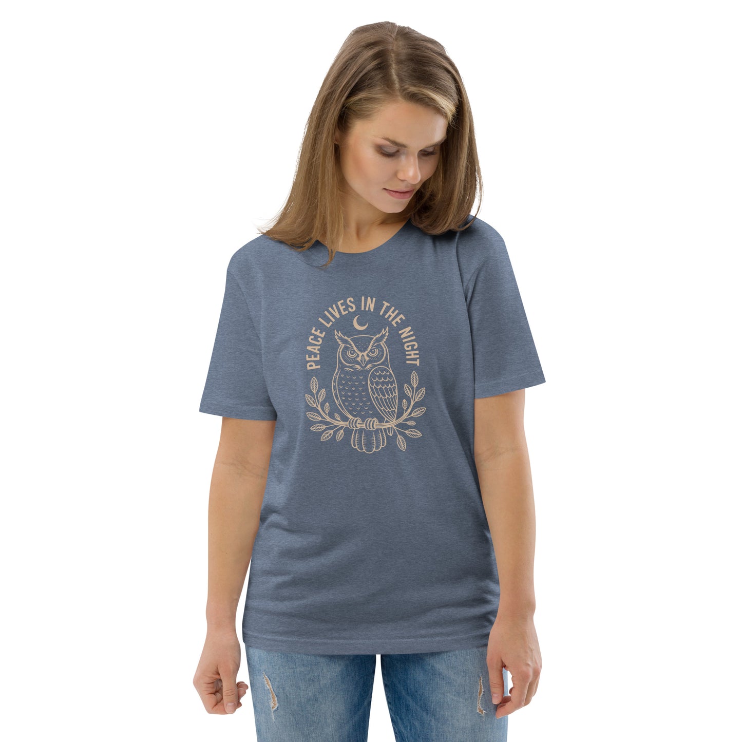 Unisex Organic Cotton T-Shirt: 'Peace in the Night' | Sustainable Owl Fashion USA Dark Heather Blue Dudeily
