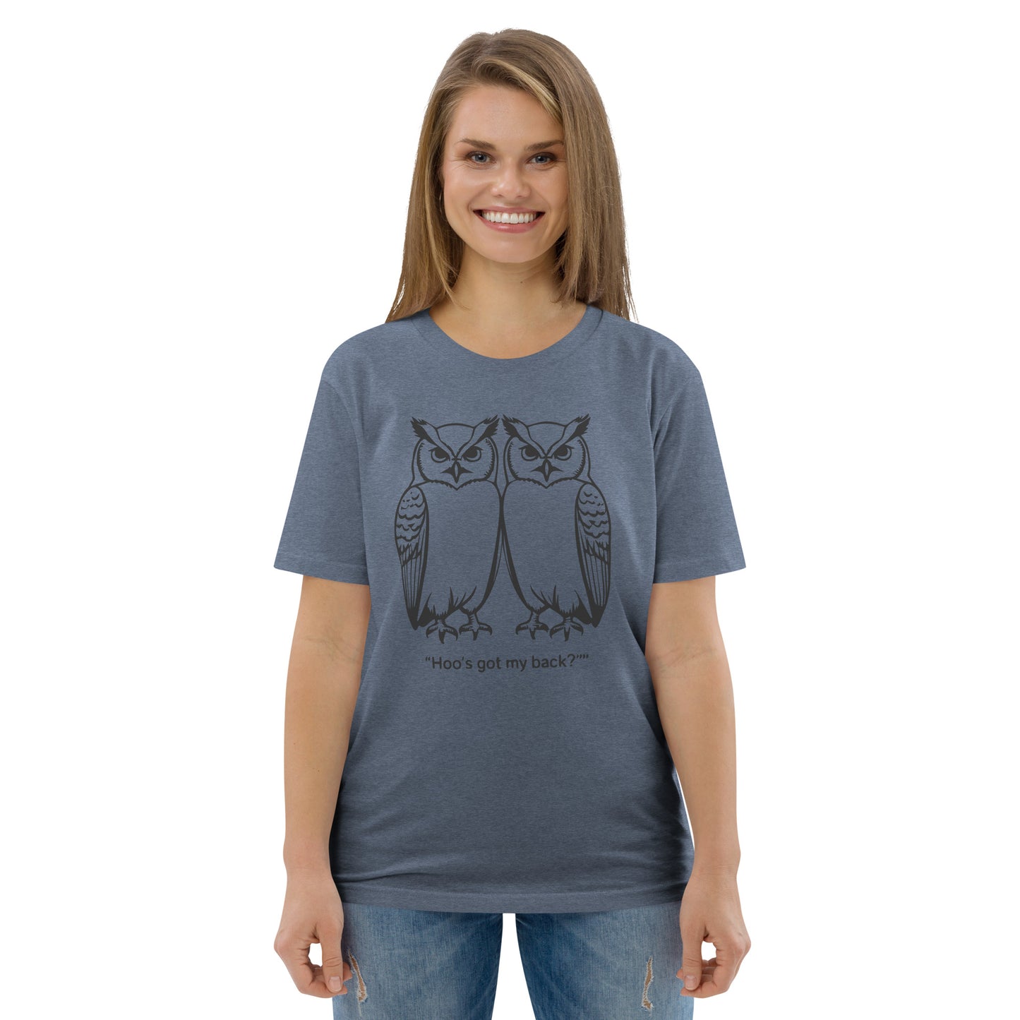 Unisex Organic Cotton T-Shirt: Hoo’s Got My Back? | Owl-Themed Sustainable Fashion USA by Dudeily Dudeily