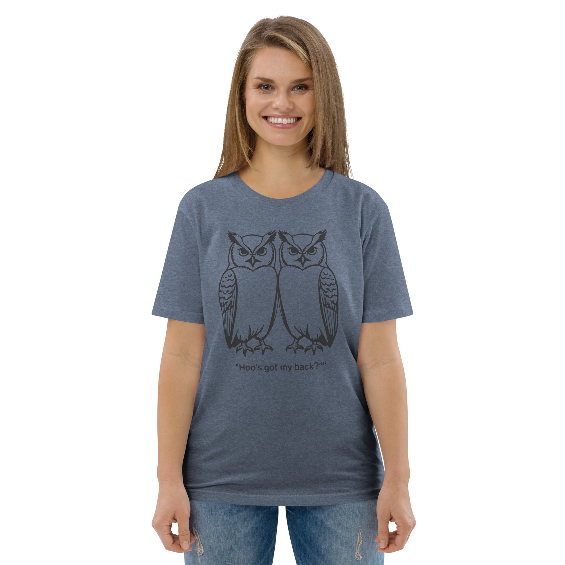 Unisex Organic Cotton T-Shirt: Hoo’s Got My Back? | Owl-Themed Sustainable Fashion USA by Dudeily Dudeily