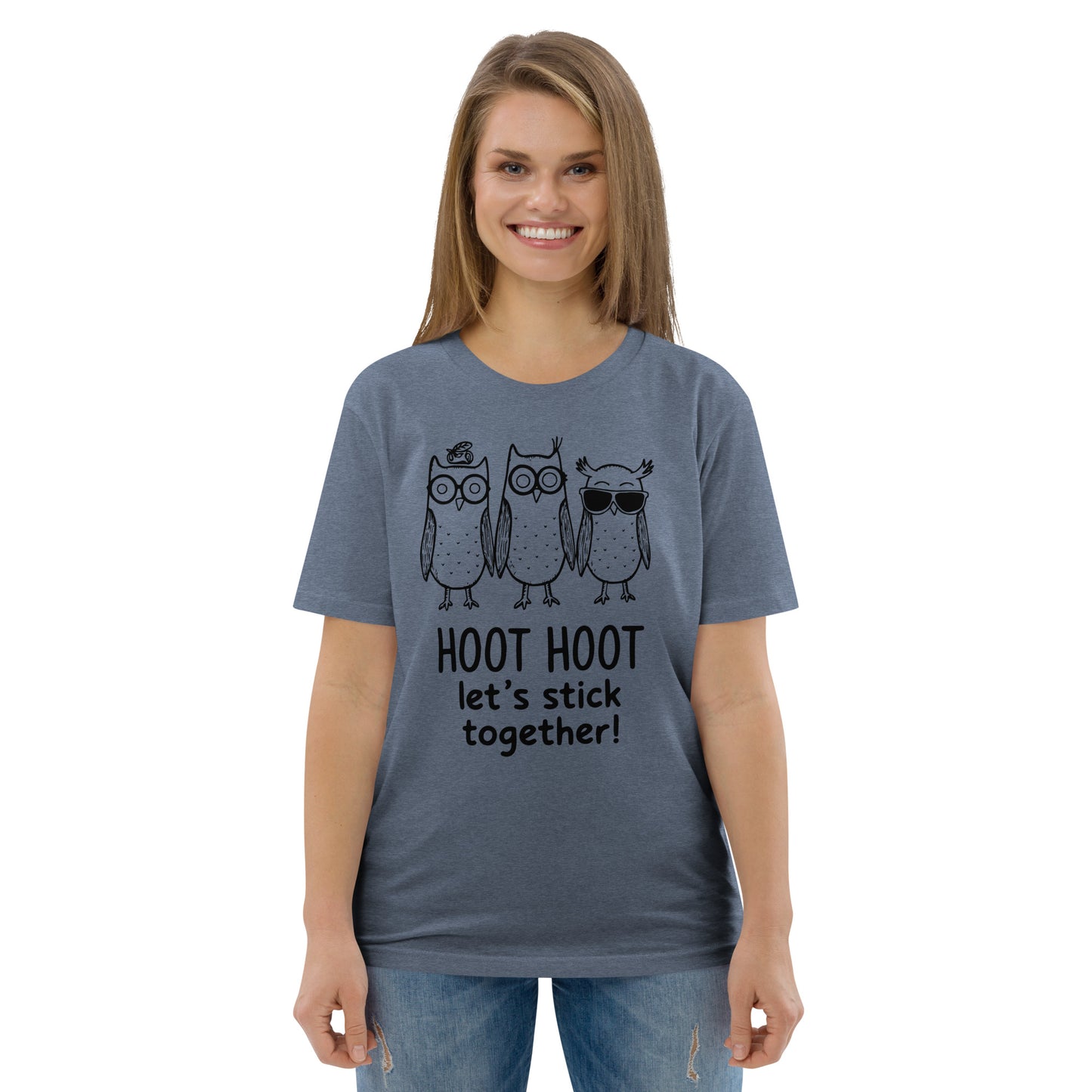Unisex Organic Cotton T-Shirt: Hoot Hoot Let’s Stick Together! | Owl-Themed Sustainable Fashion USA Dudeily