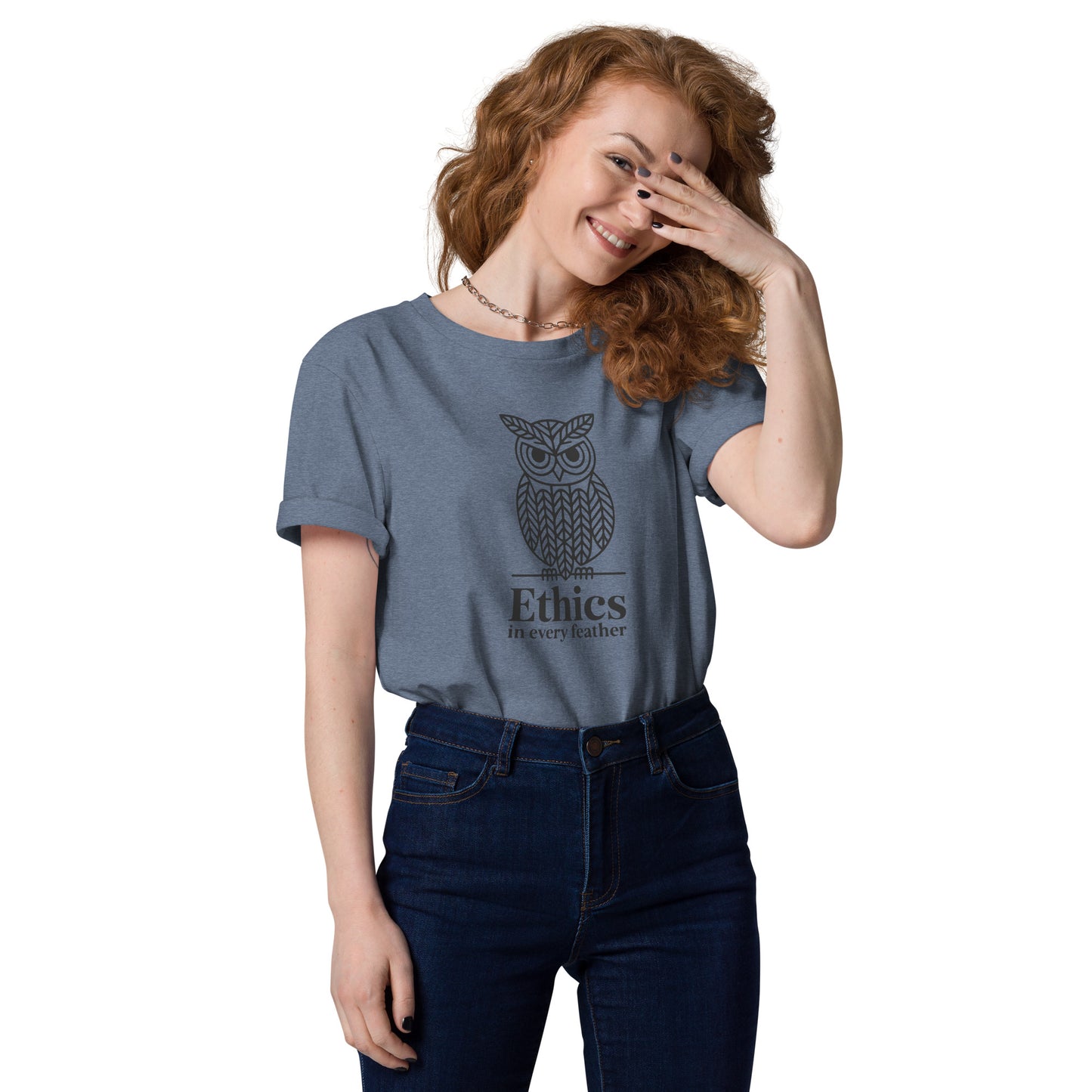 Unisex Organic Cotton T-Shirt: 'Ethics in Every Feather' for Fall | Sustainable Owl Fashion USA Dark Heather Blue Dudeily