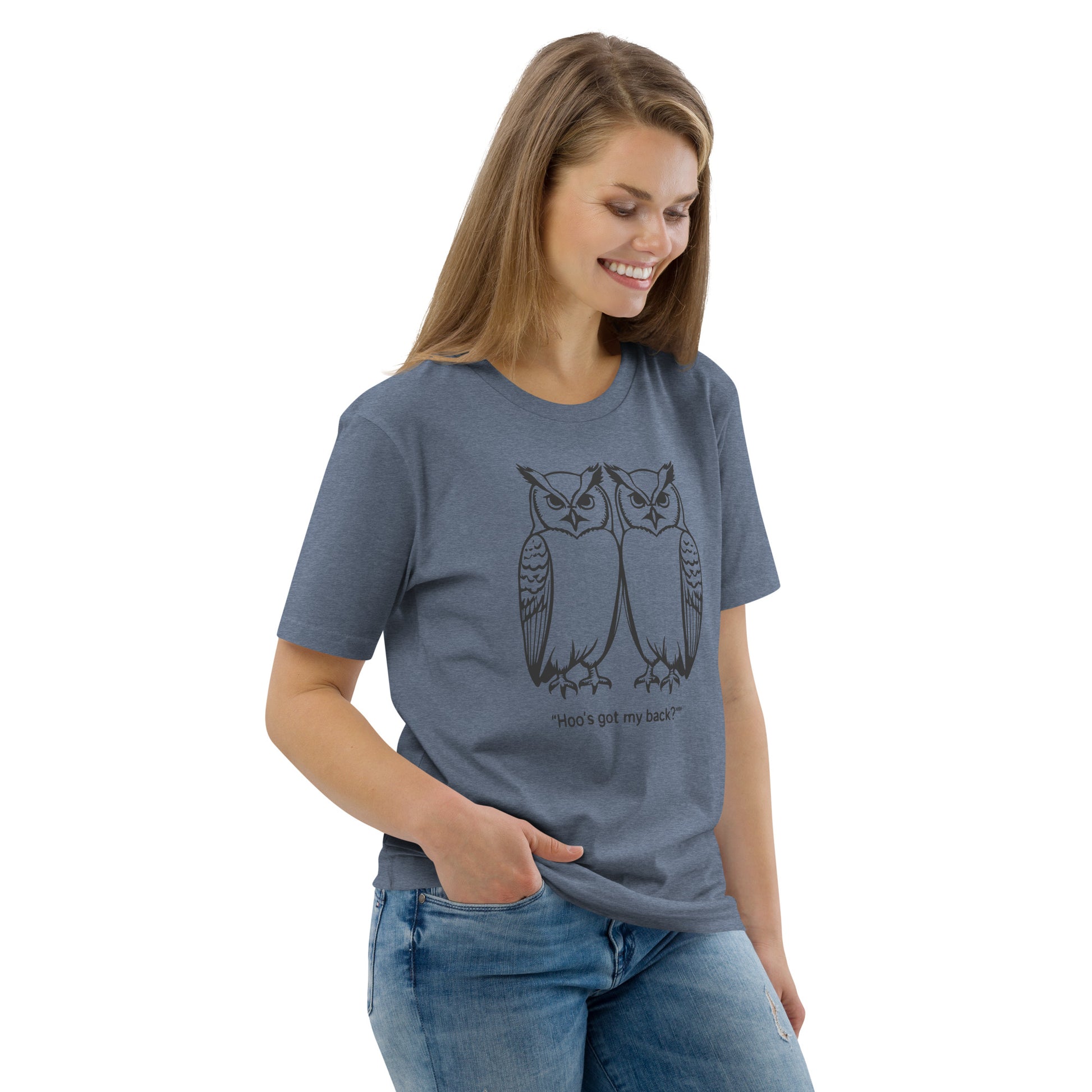 Unisex Organic Cotton T-Shirt: Hoo’s Got My Back? | Owl-Themed Sustainable Fashion USA by Dudeily Dudeily