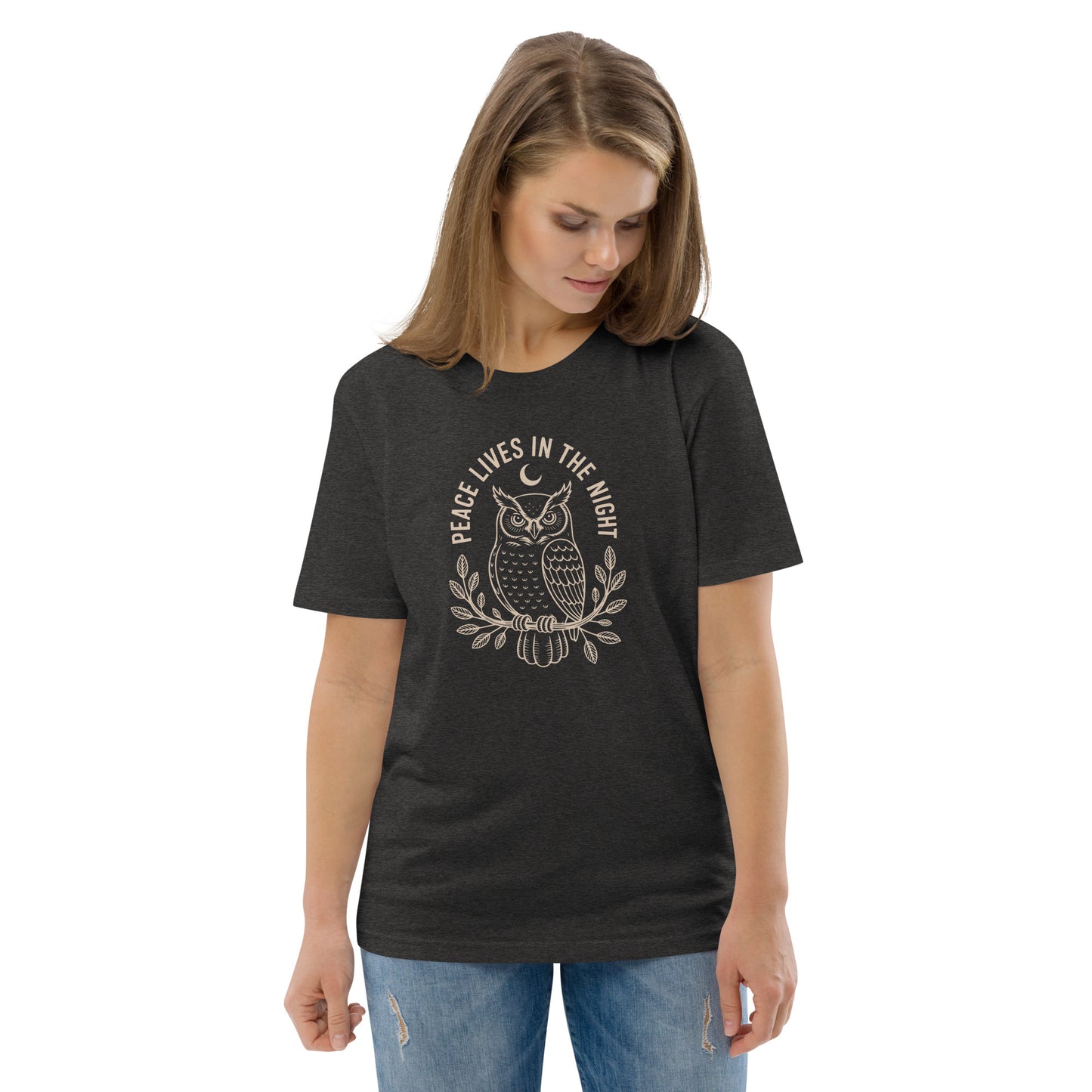 Unisex Organic Cotton T-Shirt: 'Peace in the Night' | Sustainable Owl Fashion USA Dark Heather Grey Dudeily