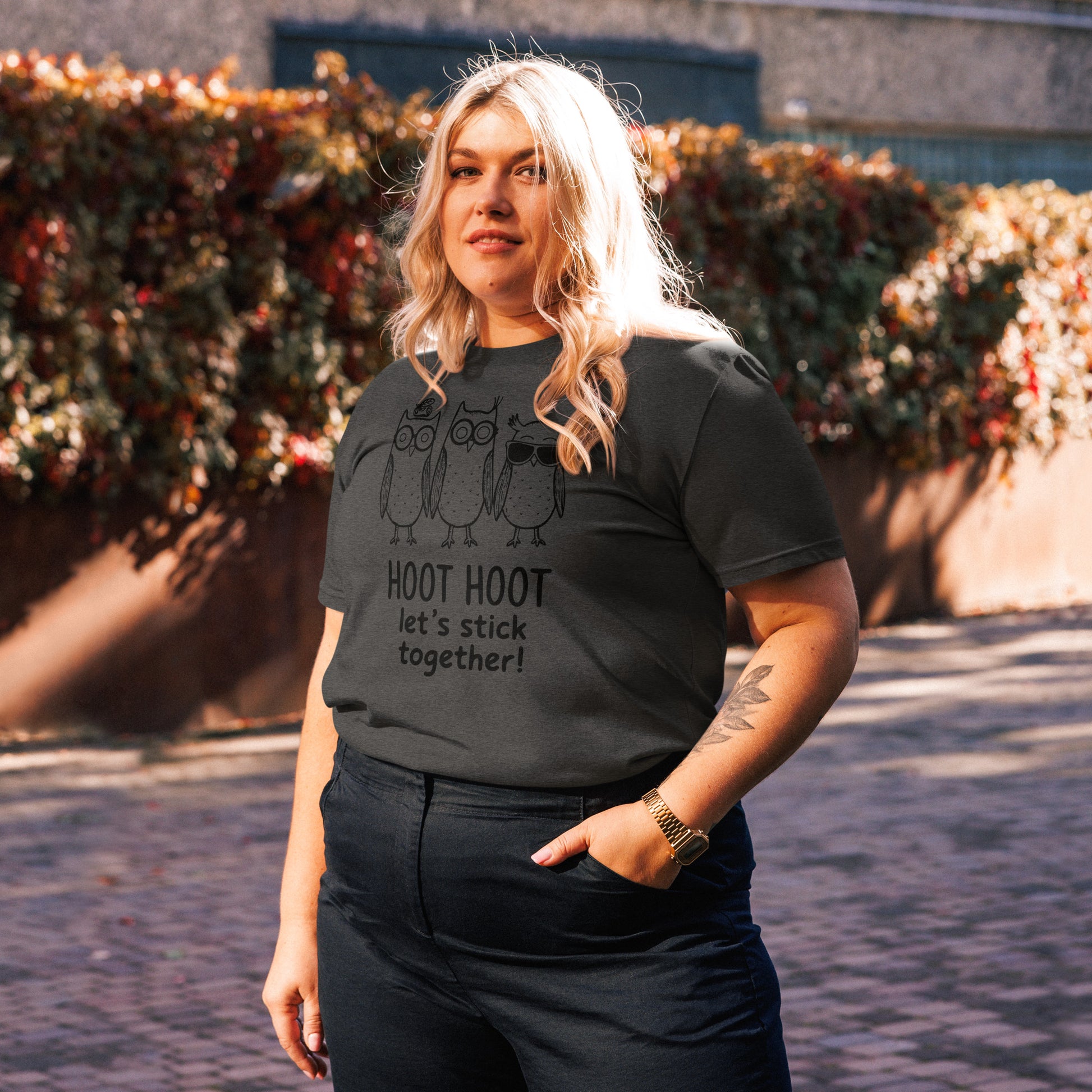Unisex Organic Cotton T-Shirt: Hoot Hoot Let’s Stick Together! | Owl-Themed Sustainable Fashion USA Dudeily