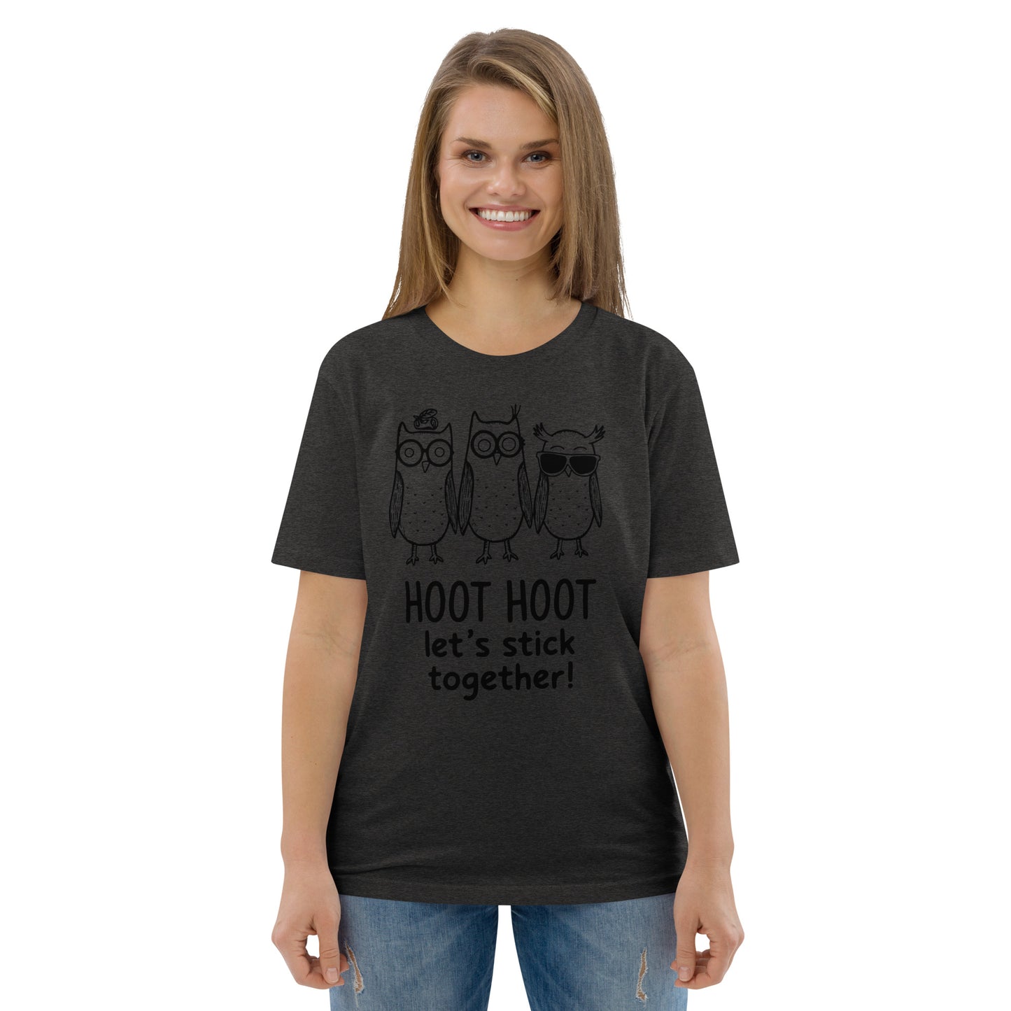 Unisex Organic Cotton T-Shirt: Hoot Hoot Let’s Stick Together! | Owl-Themed Sustainable Fashion USA Dudeily