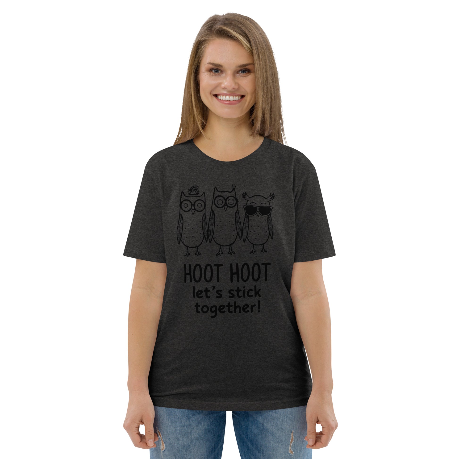 Unisex Organic Cotton T-Shirt: Hoot Hoot Let’s Stick Together! | Owl-Themed Sustainable Fashion USA Dudeily