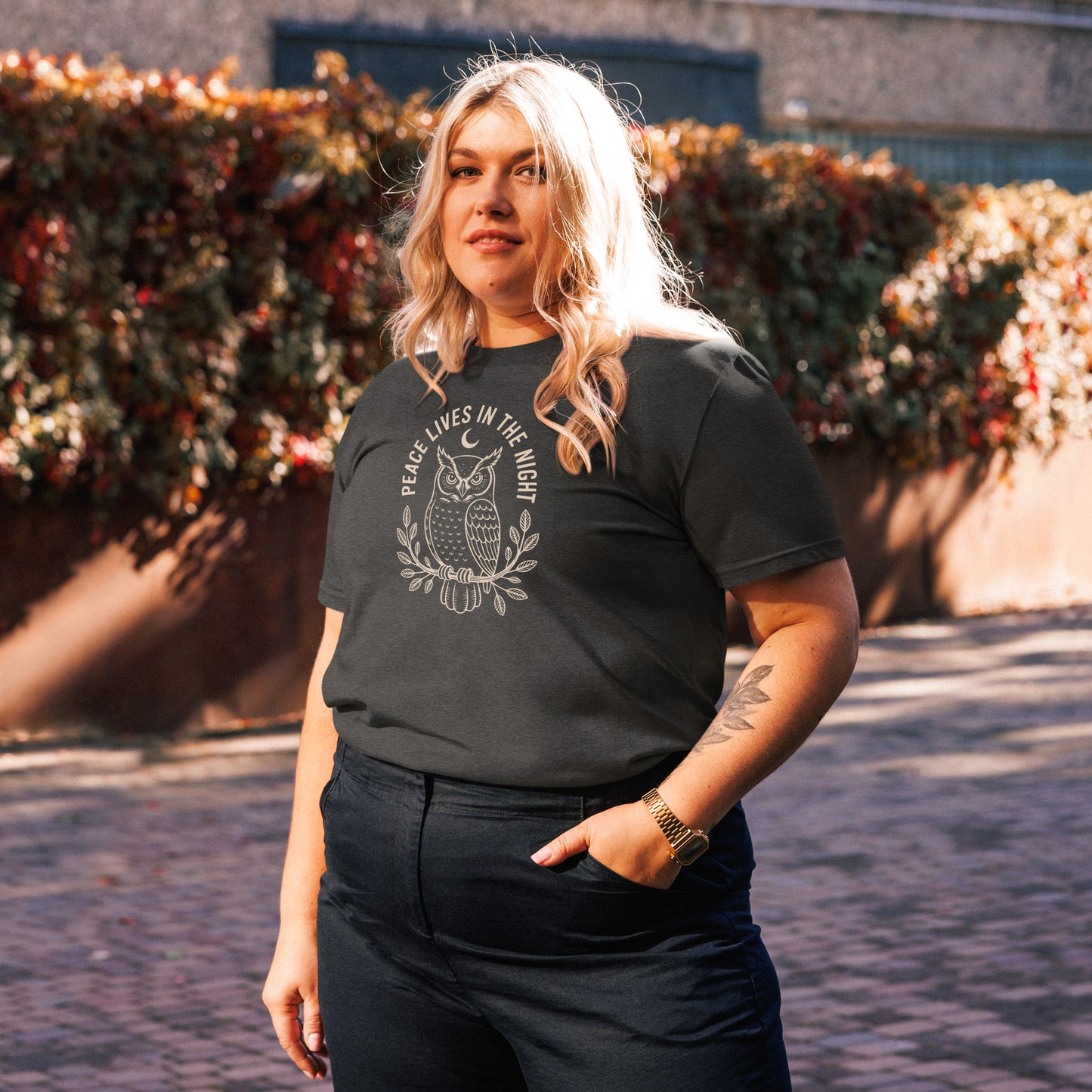 Unisex Organic Cotton T-Shirt: 'Peace in the Night' | Sustainable Owl Fashion USA Dudeily