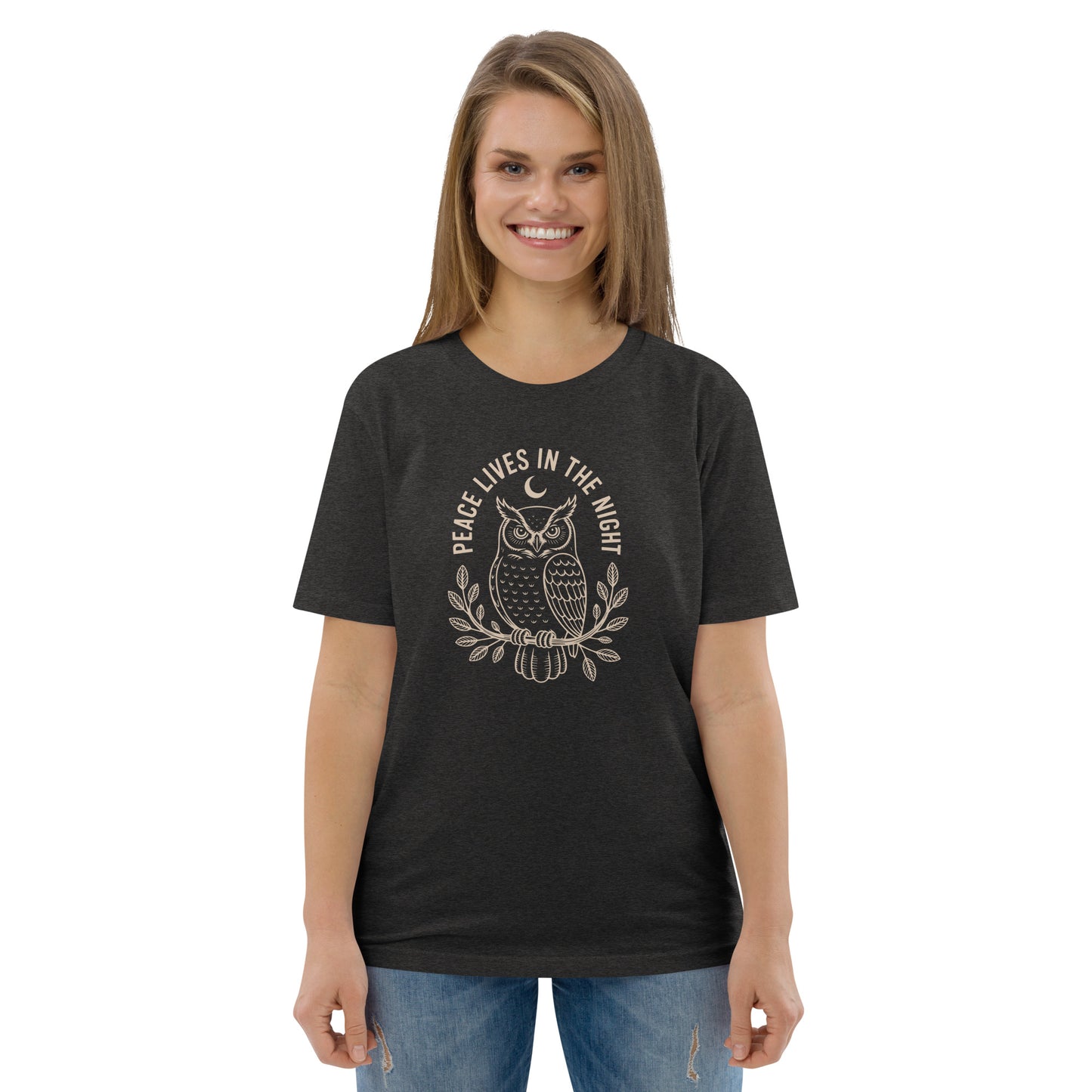 Unisex Organic Cotton T-Shirt: 'Peace in the Night' | Sustainable Owl Fashion USA Dudeily