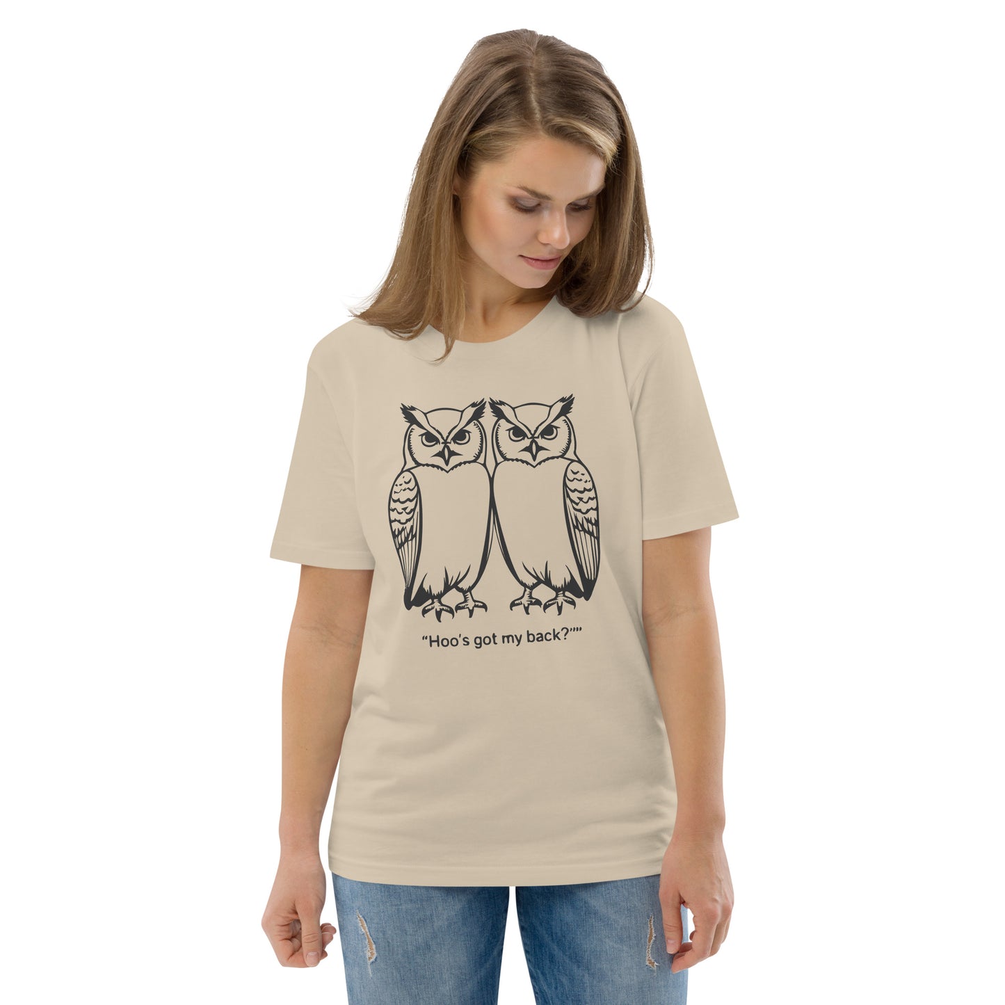 Unisex Organic Cotton T-Shirt: Hoo’s Got My Back? | Owl-Themed Sustainable Fashion USA by Dudeily Desert Dust Dudeily