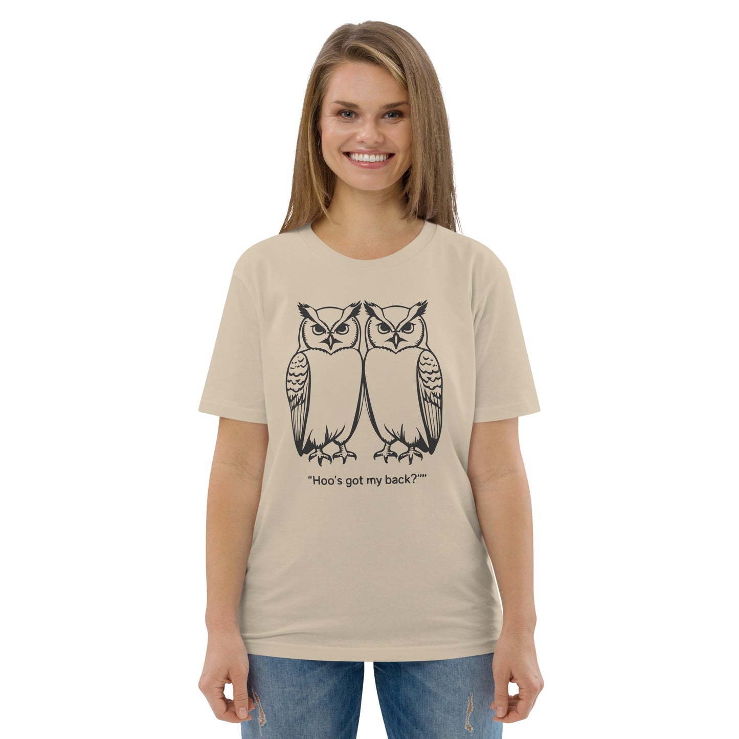 Unisex Organic Cotton T-Shirt: Hoo’s Got My Back? | Owl-Themed Sustainable Fashion USA by Dudeily Dudeily