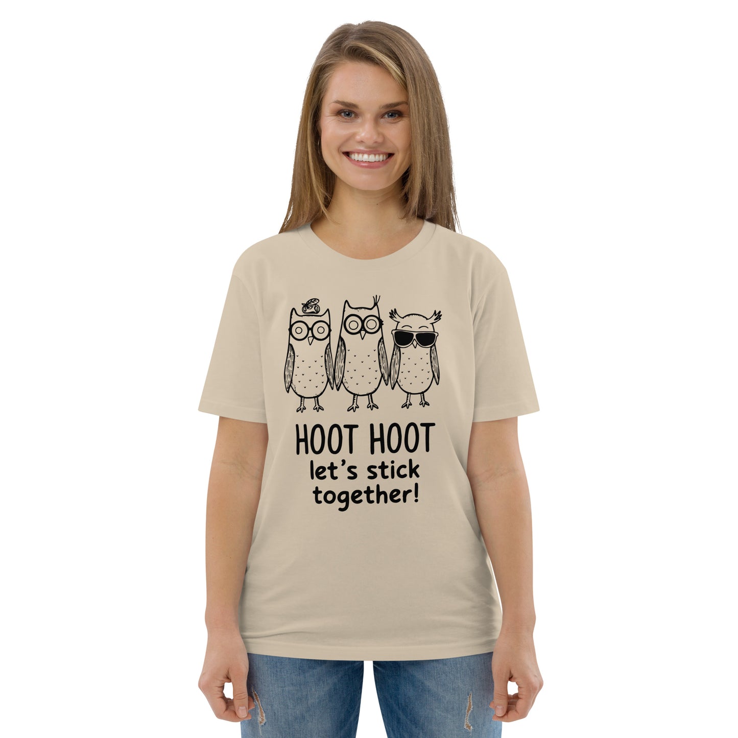 Unisex Organic Cotton T-Shirt: Hoot Hoot Let’s Stick Together! | Owl-Themed Sustainable Fashion USA Dudeily