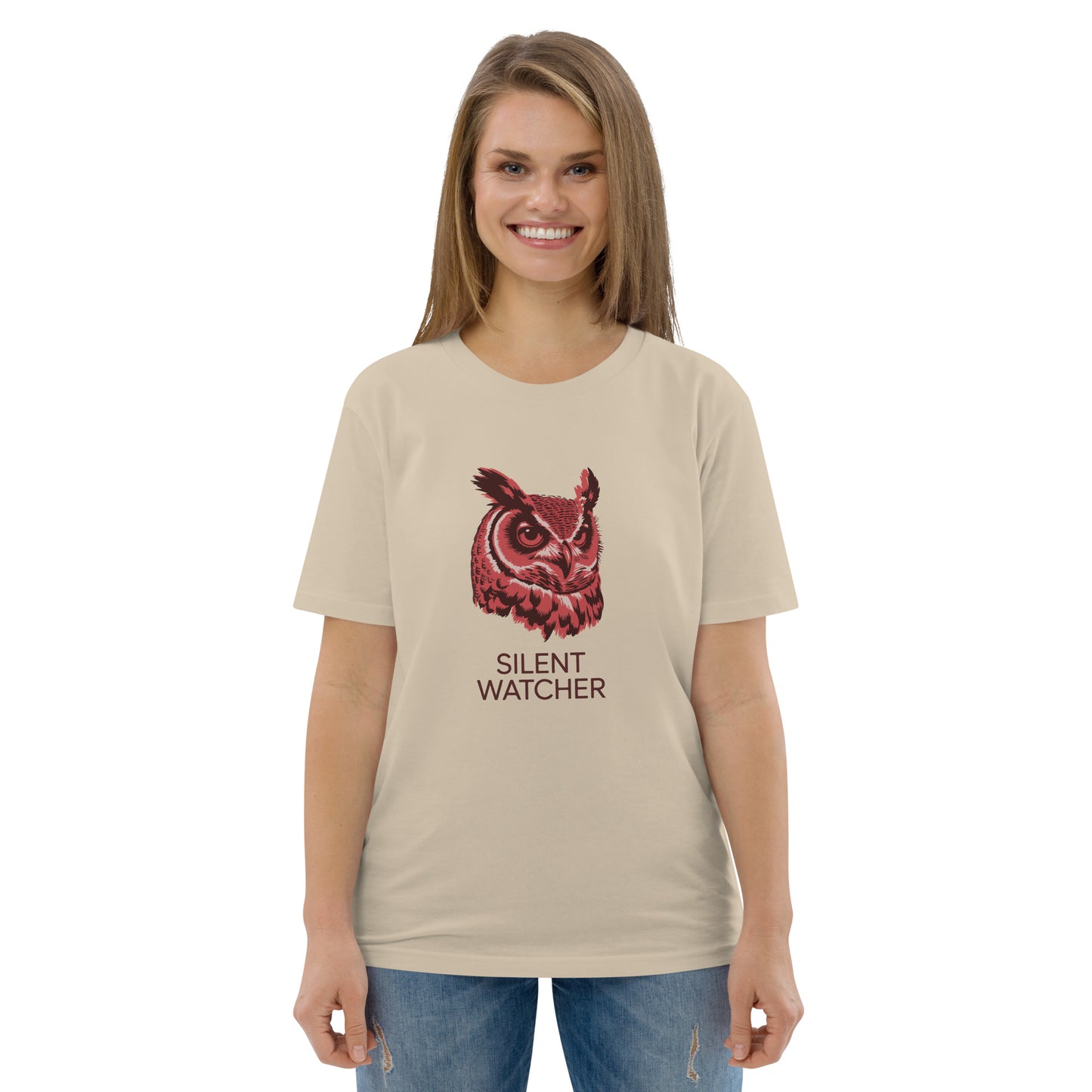 Unisex Organic Cotton T-Shirt: 'Silent Watcher' | Sustainable Owl Fashion USA Desert Dust Dudeily