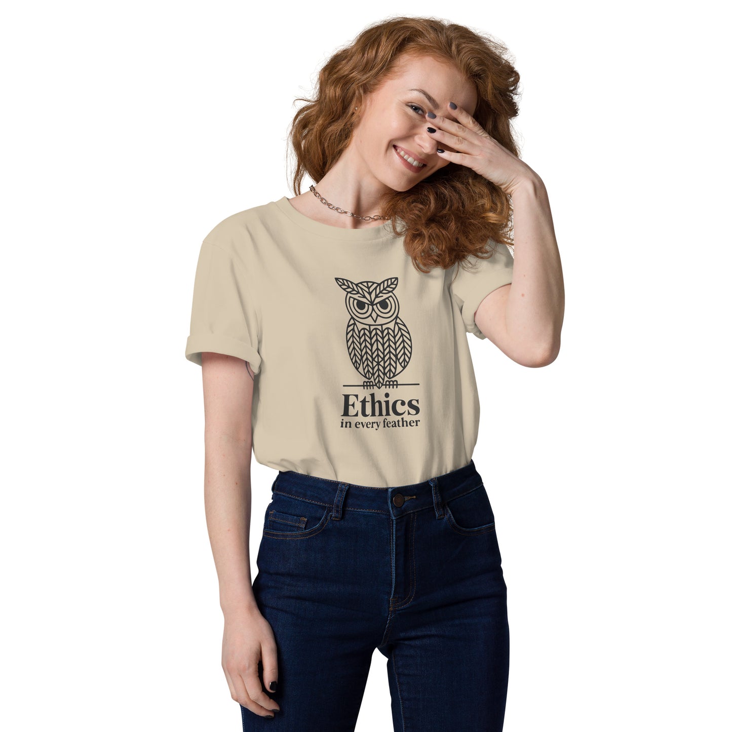 Unisex Organic Cotton T-Shirt: 'Ethics in Every Feather' for Fall | Sustainable Owl Fashion USA Desert Dust Dudeily