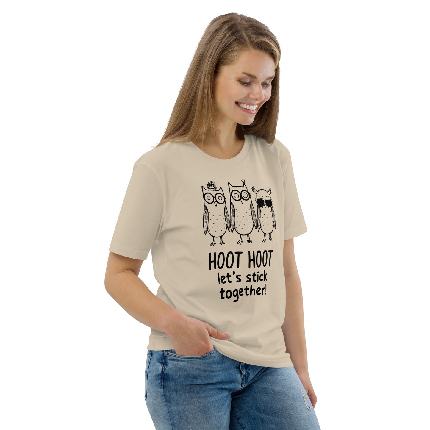 Unisex Organic Cotton T-Shirt: Hoot Hoot Let’s Stick Together! | Owl-Themed Sustainable Fashion USA Dudeily