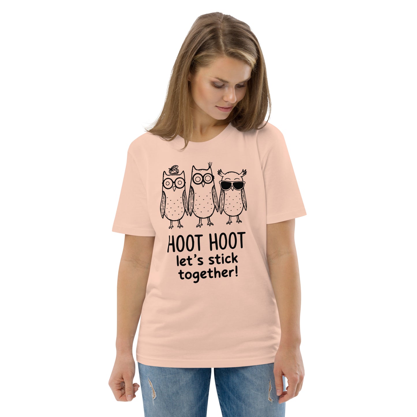 Unisex Organic Cotton T-Shirt: Hoot Hoot Let’s Stick Together! | Owl-Themed Sustainable Fashion USA Fraiche Peche Dudeily