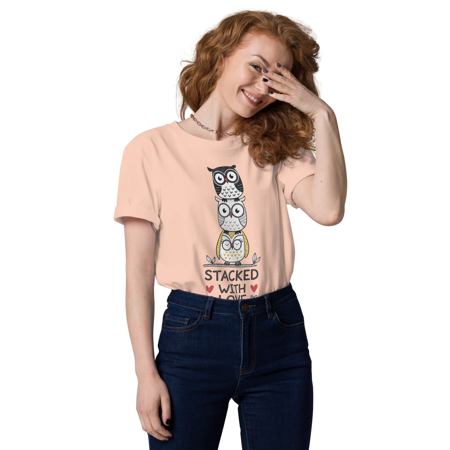 Unisex Organic Cotton T-Shirt: Stacked with Love | Owl-Themed Sustainable Fashion USA by Dudeily Fraiche Peche Dudeily