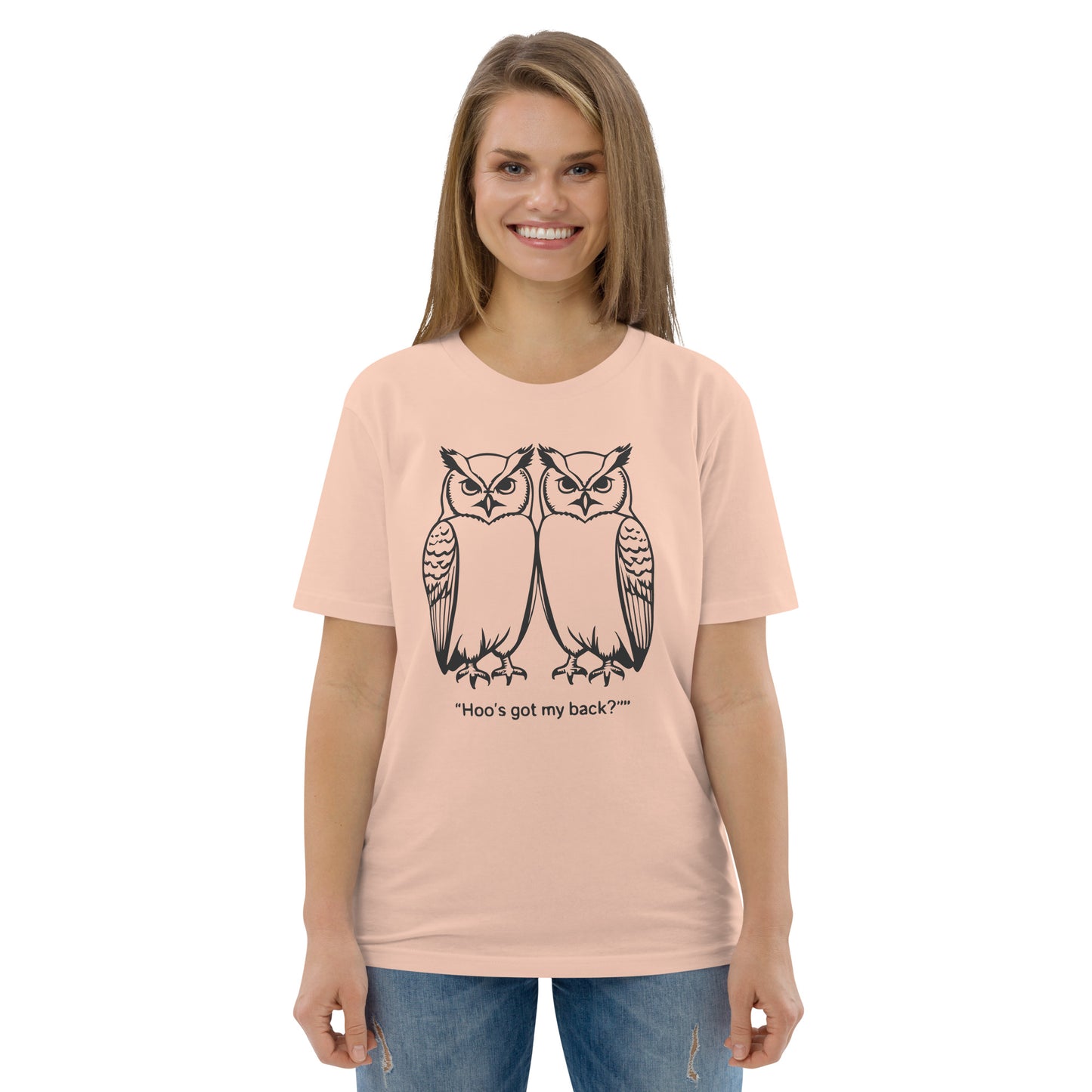 Unisex Organic Cotton T-Shirt: Hoo’s Got My Back? | Owl-Themed Sustainable Fashion USA by Dudeily Dudeily