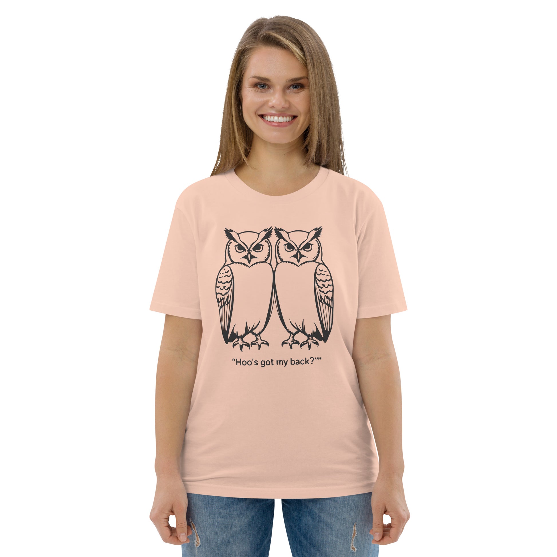 Unisex Organic Cotton T-Shirt: Hoo’s Got My Back? | Owl-Themed Sustainable Fashion USA by Dudeily Dudeily