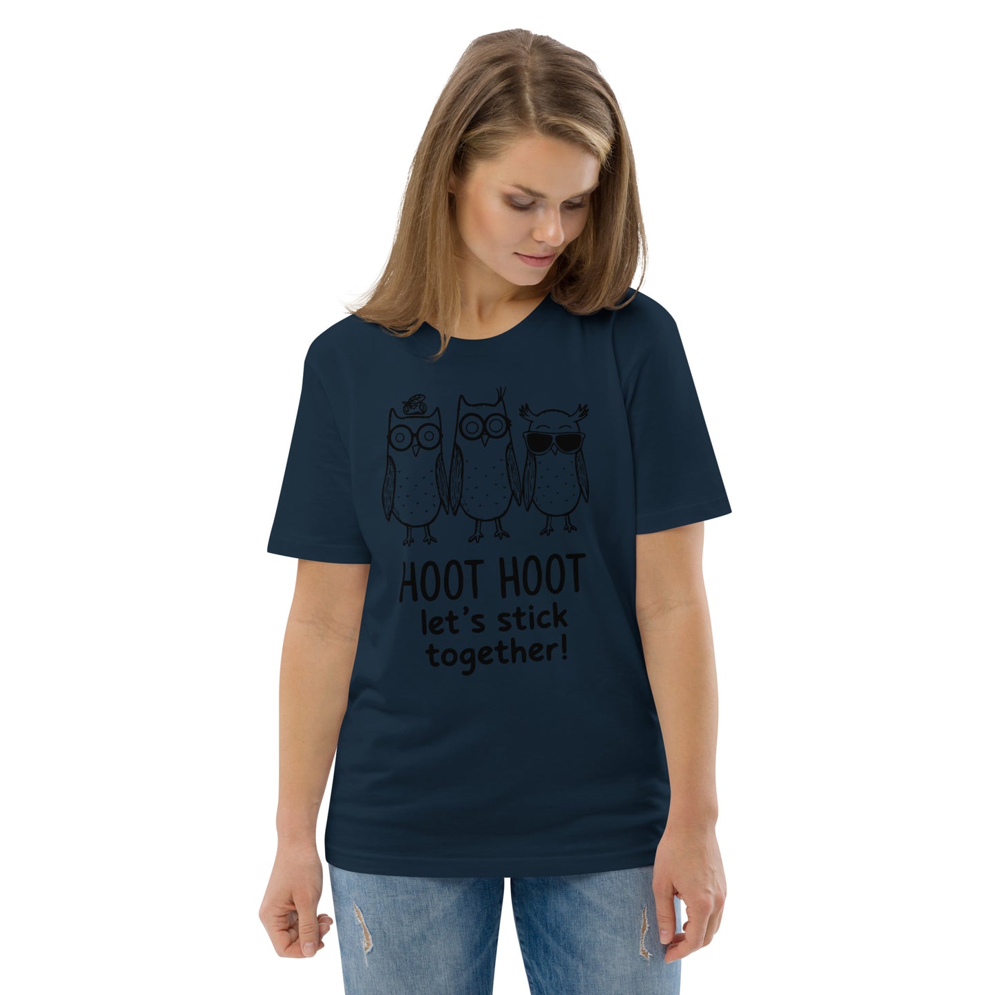Unisex Organic Cotton T-Shirt: Hoot Hoot Let’s Stick Together! | Owl-Themed Sustainable Fashion USA French Navy Dudeily