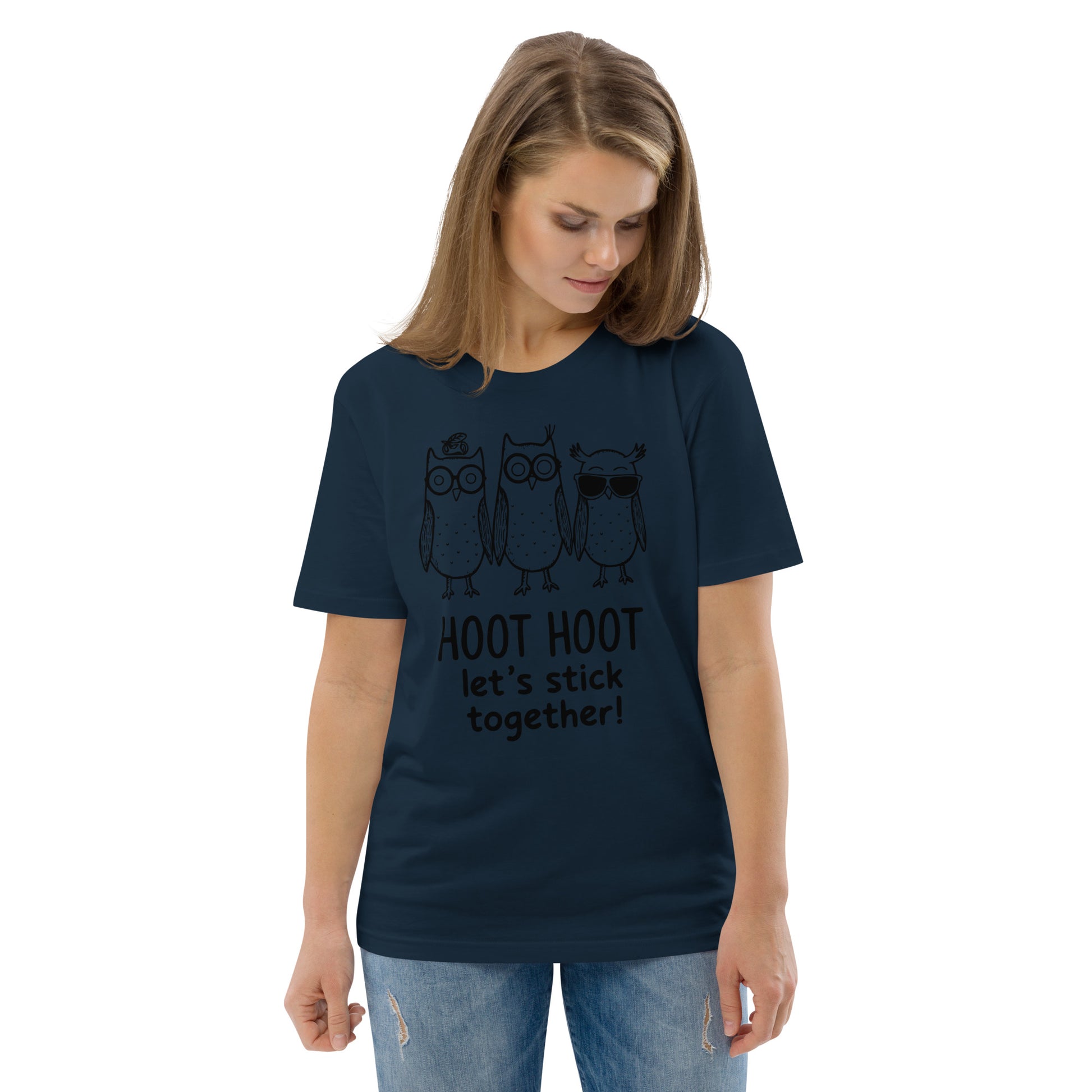 Unisex Organic Cotton T-Shirt: Hoot Hoot Let’s Stick Together! | Owl-Themed Sustainable Fashion USA French Navy Dudeily