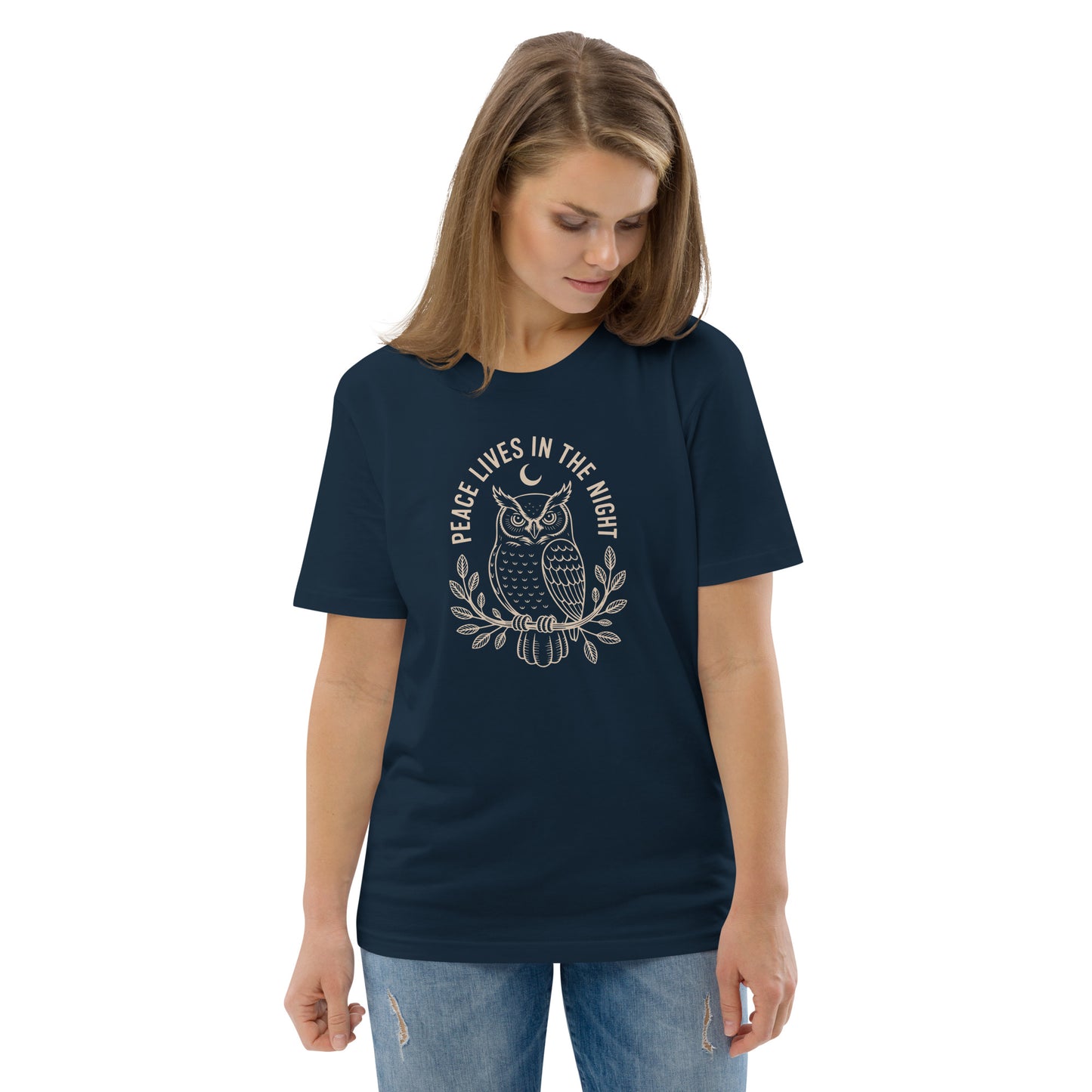 Unisex Organic Cotton T-Shirt: 'Peace in the Night' | Sustainable Owl Fashion USA French Navy Dudeily