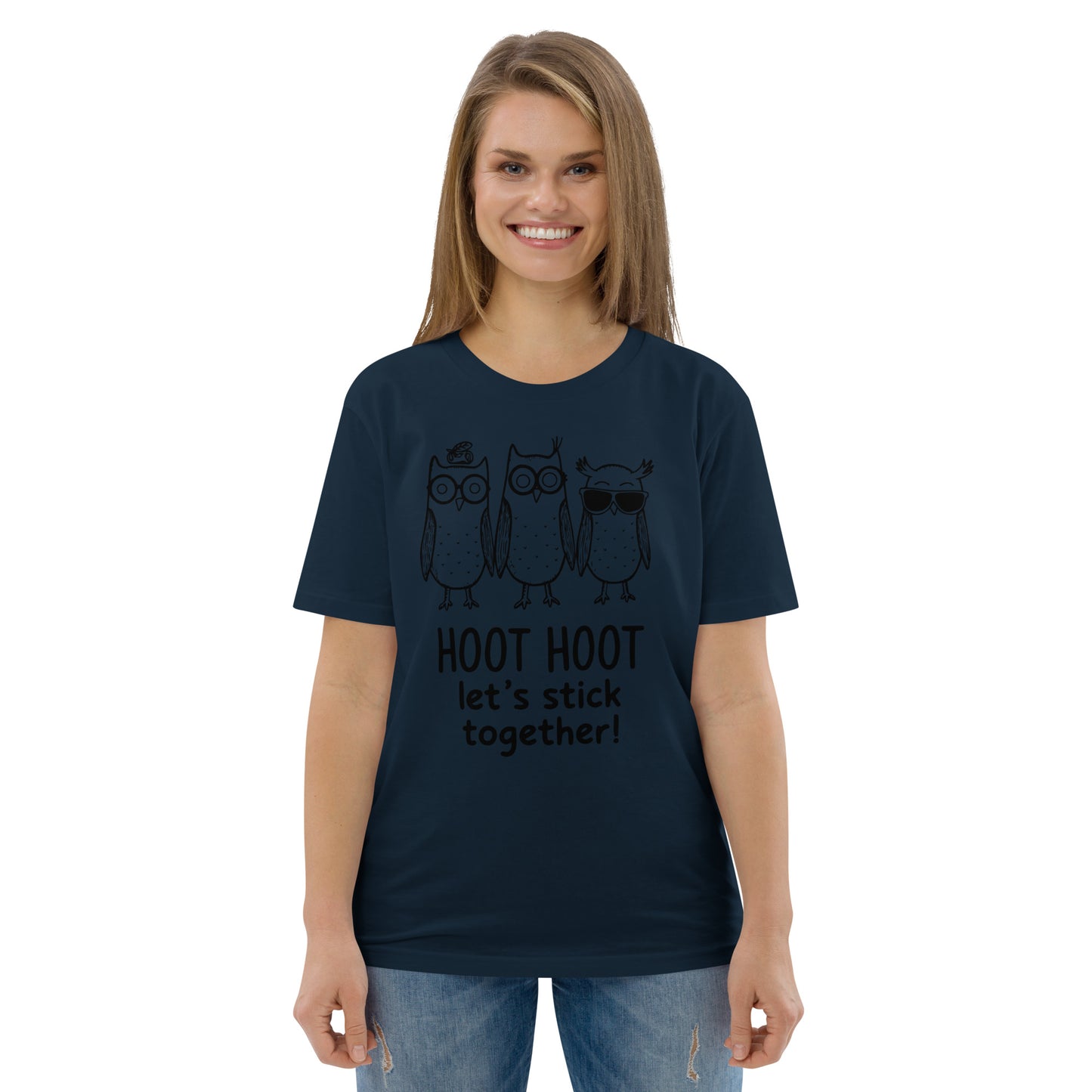 Unisex Organic Cotton T-Shirt: Hoot Hoot Let’s Stick Together! | Owl-Themed Sustainable Fashion USA Dudeily