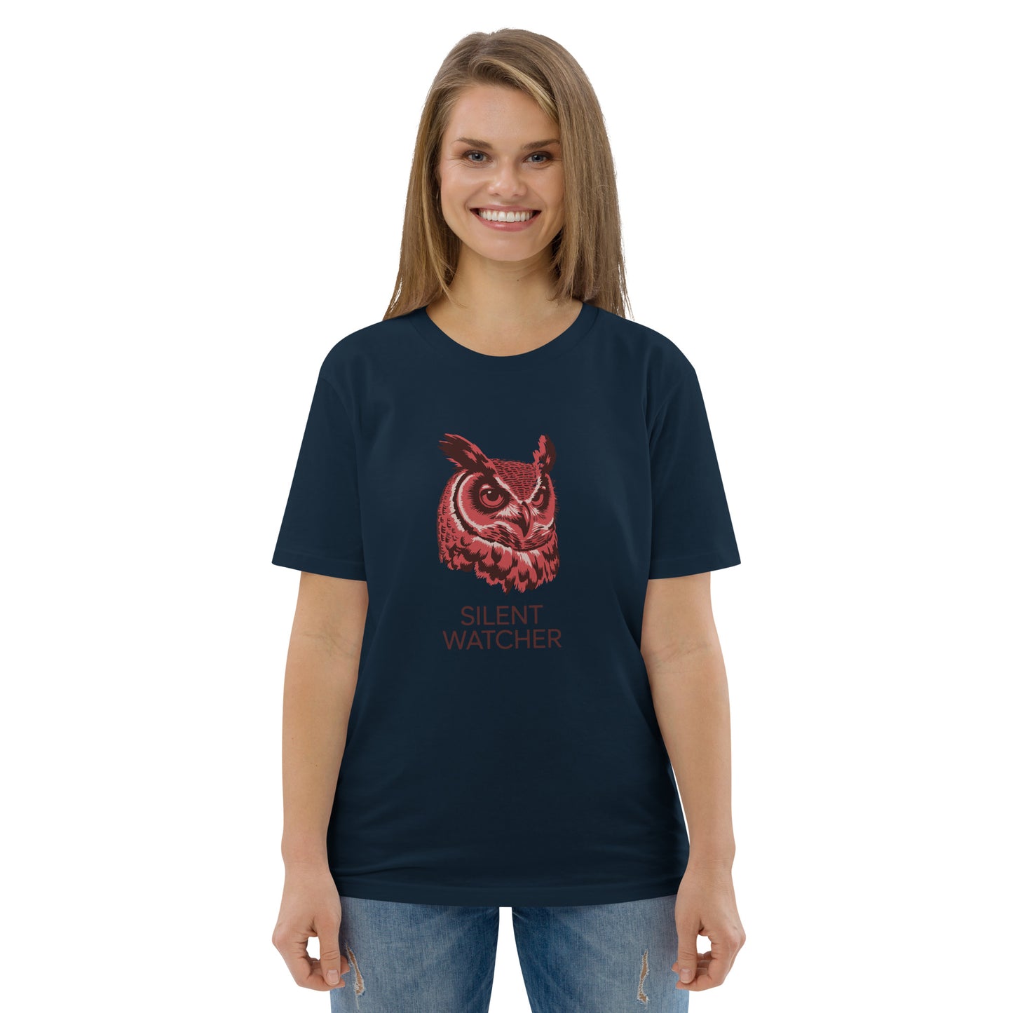 Unisex Organic Cotton T-Shirt: 'Silent Watcher' | Sustainable Owl Fashion USA French Navy Dudeily