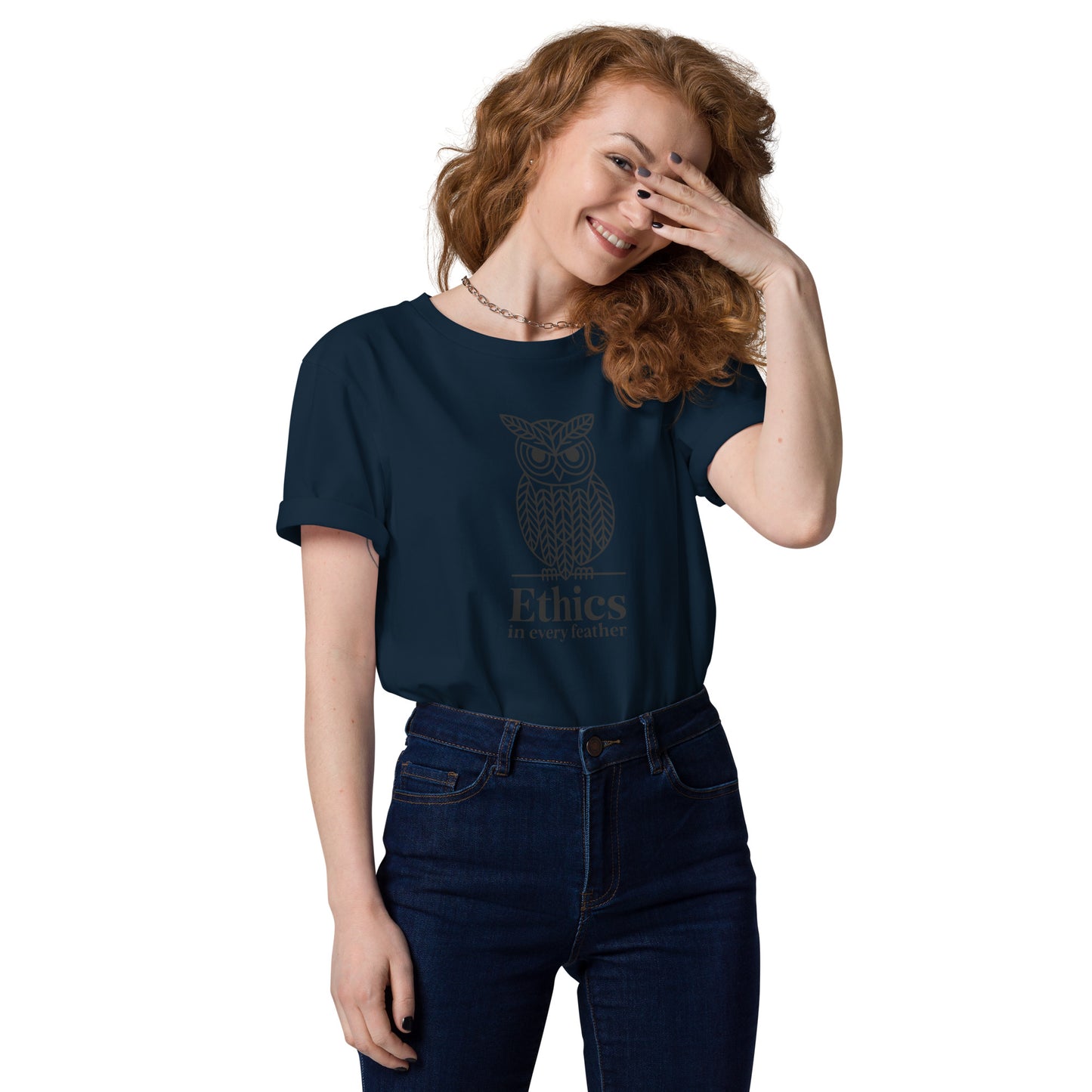 Unisex Organic Cotton T-Shirt: 'Ethics in Every Feather' for Fall | Sustainable Owl Fashion USA French Navy Dudeily