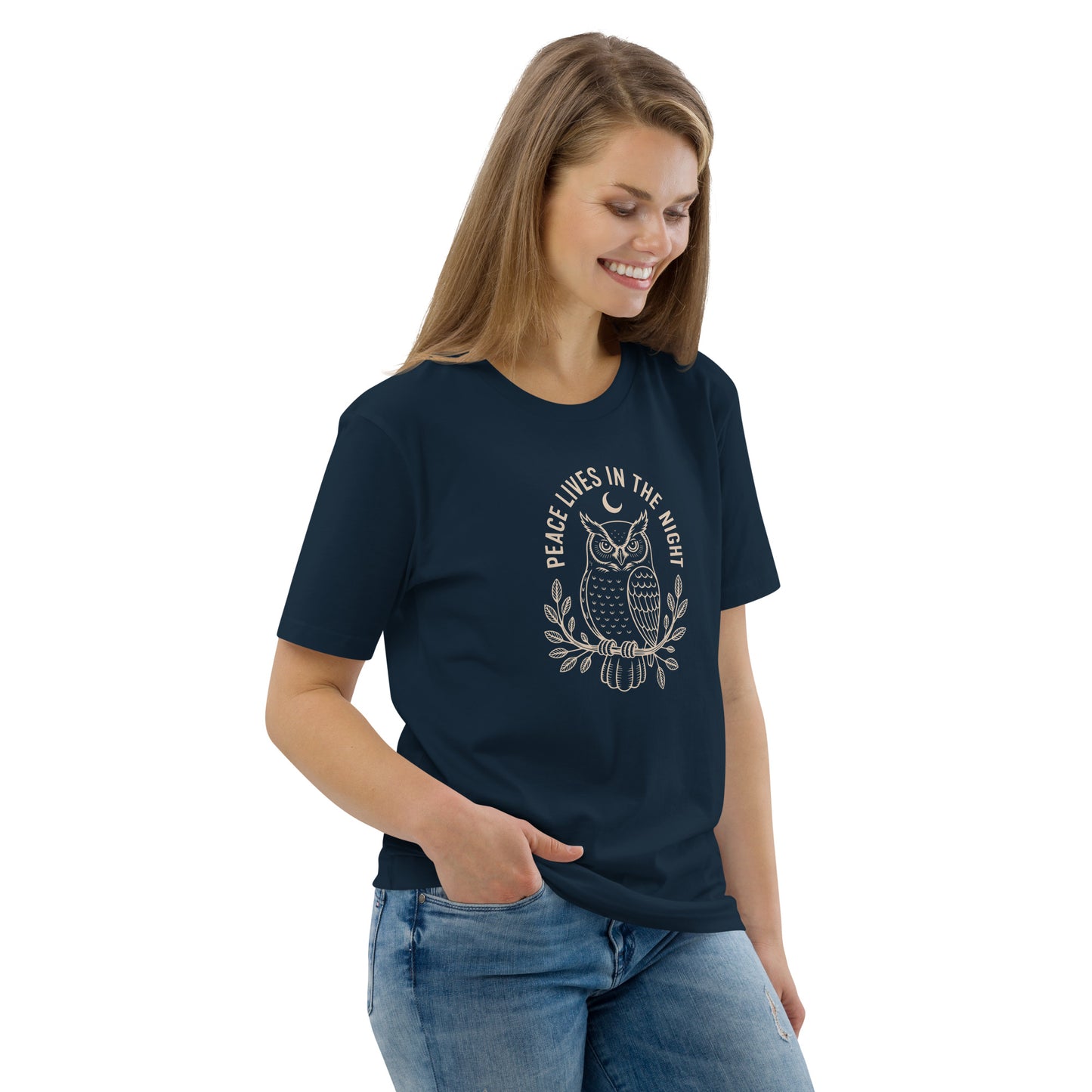 Unisex Organic Cotton T-Shirt: 'Peace in the Night' | Sustainable Owl Fashion USA Dudeily