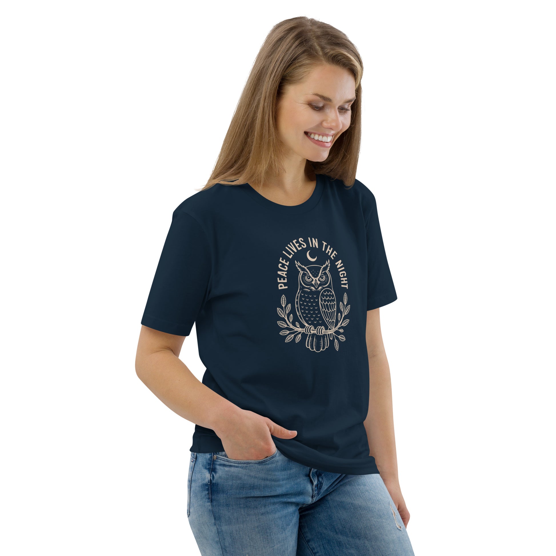 Unisex Organic Cotton T-Shirt: 'Peace in the Night' | Sustainable Owl Fashion USA Dudeily