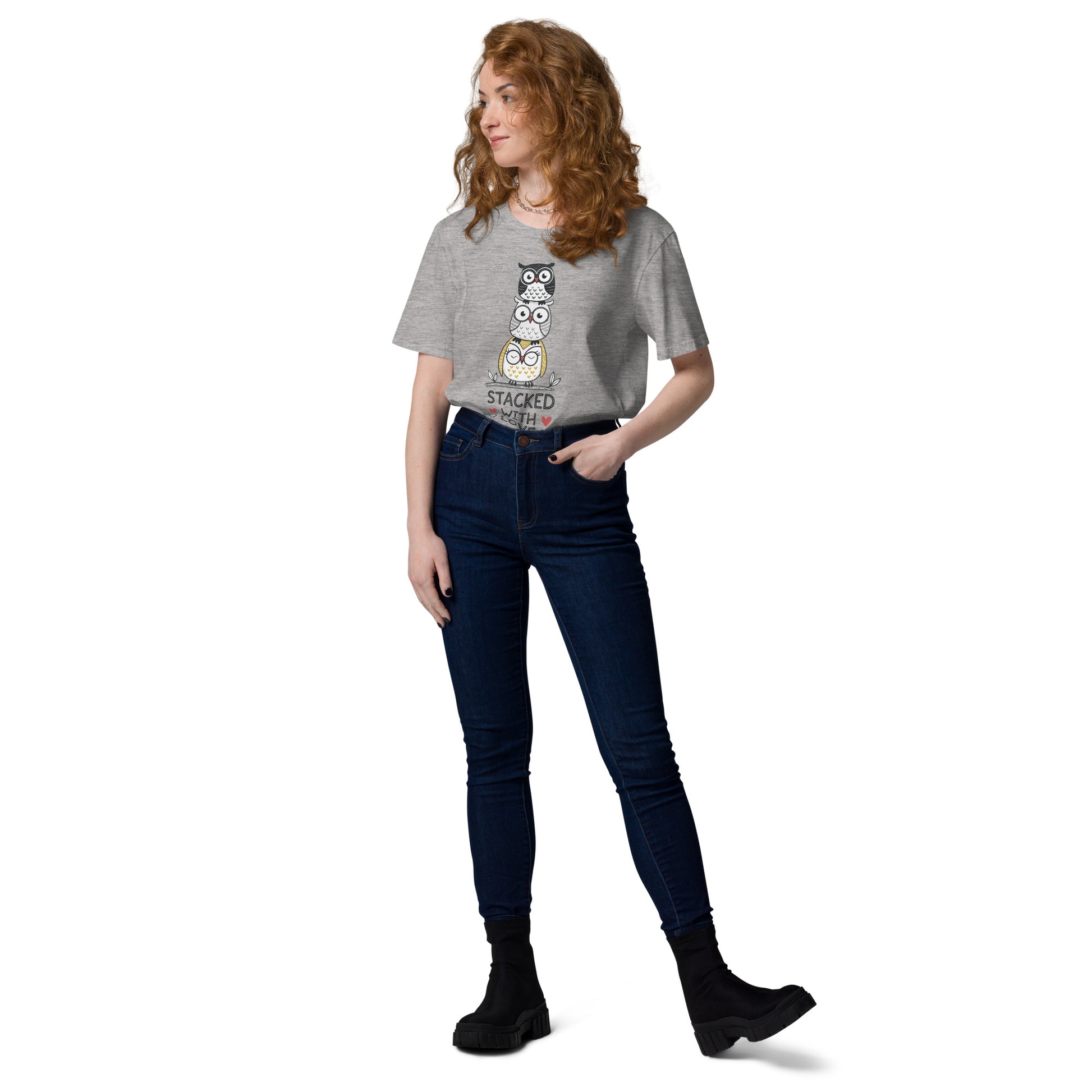 Unisex Organic Cotton T-Shirt: Stacked with Love | Owl-Themed Sustainable Fashion USA by Dudeily Dudeily