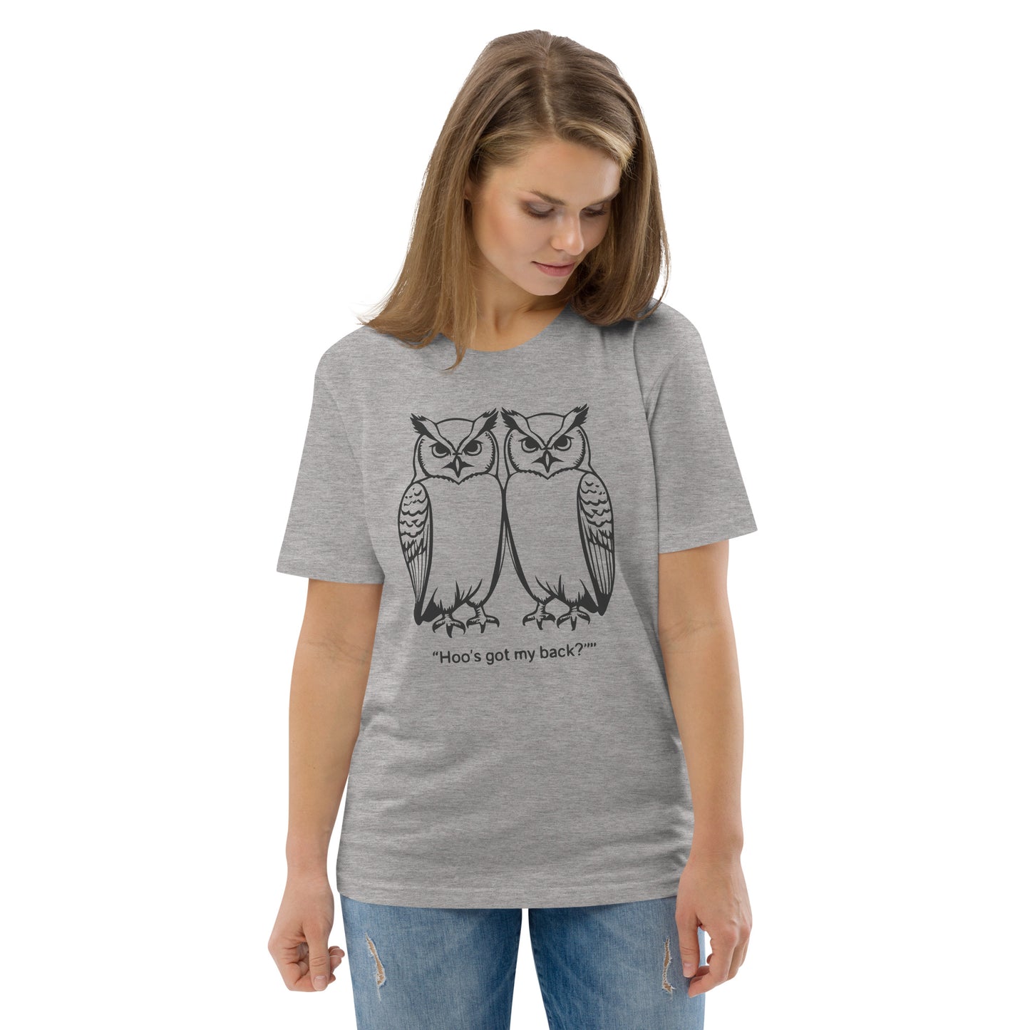 Unisex Organic Cotton T-Shirt: Hoo’s Got My Back? | Owl-Themed Sustainable Fashion USA by Dudeily Heather Grey Dudeily
