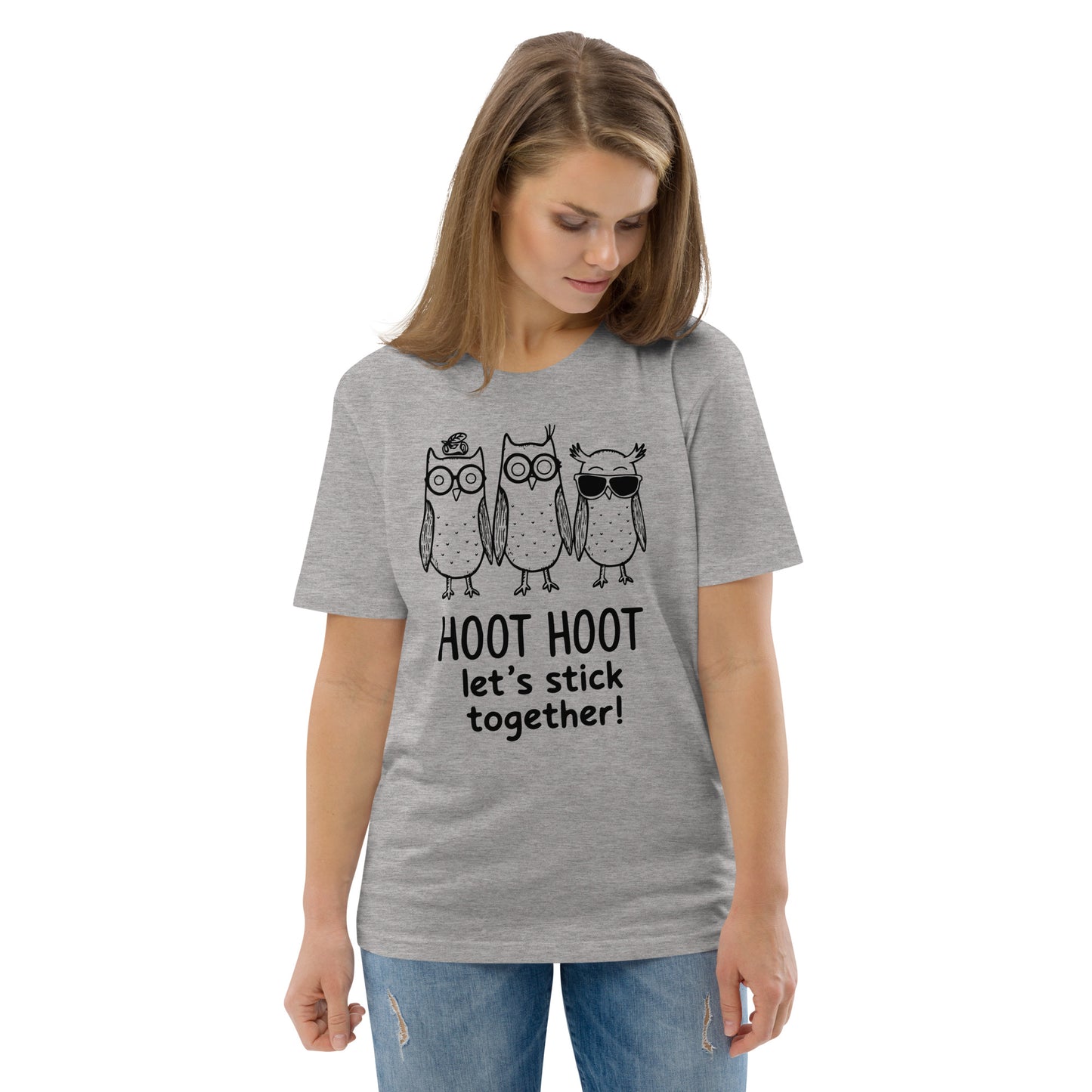 Unisex Organic Cotton T-Shirt: Hoot Hoot Let’s Stick Together! | Owl-Themed Sustainable Fashion USA Heather Grey Dudeily