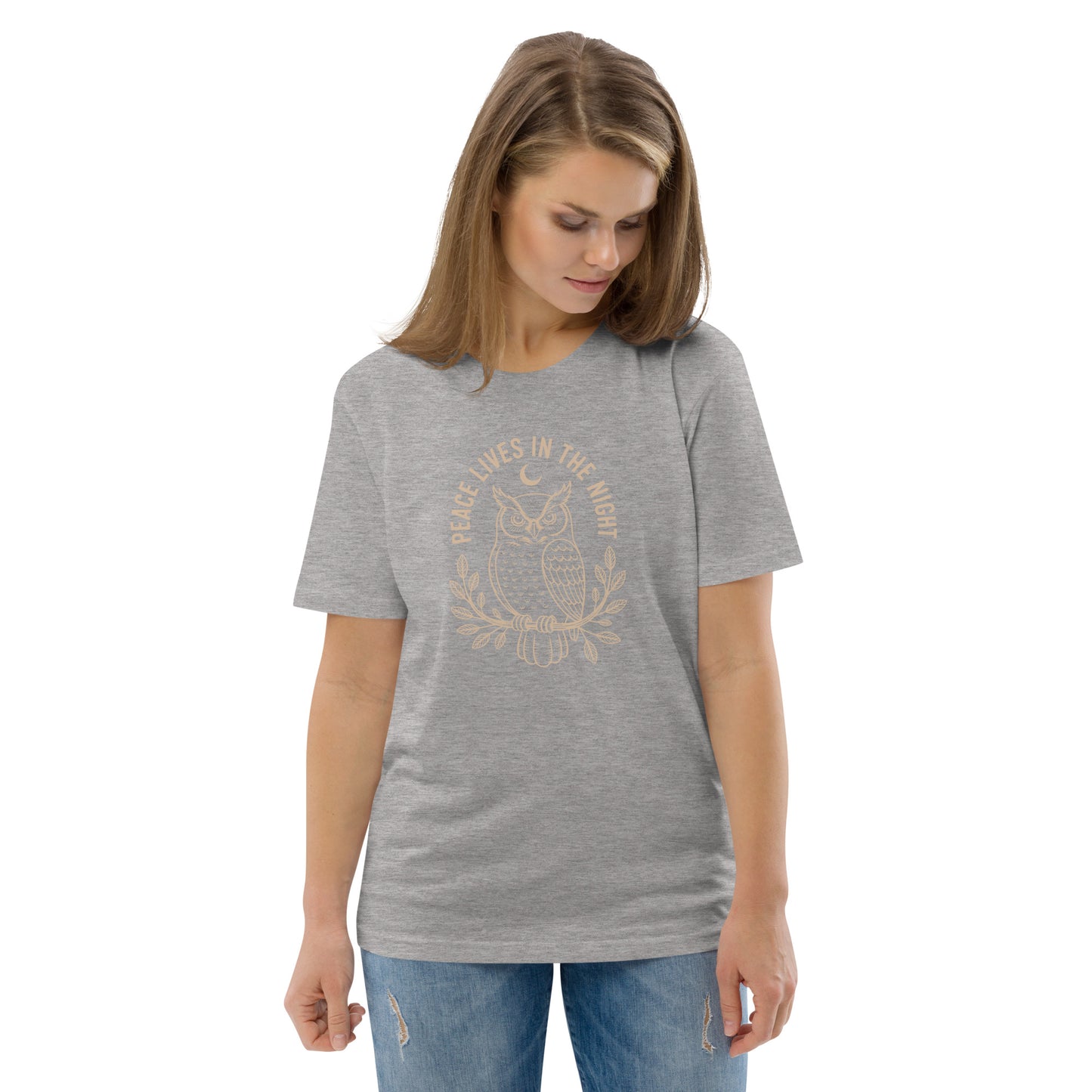 Unisex Organic Cotton T-Shirt: 'Peace in the Night' | Sustainable Owl Fashion USA Heather Grey Dudeily