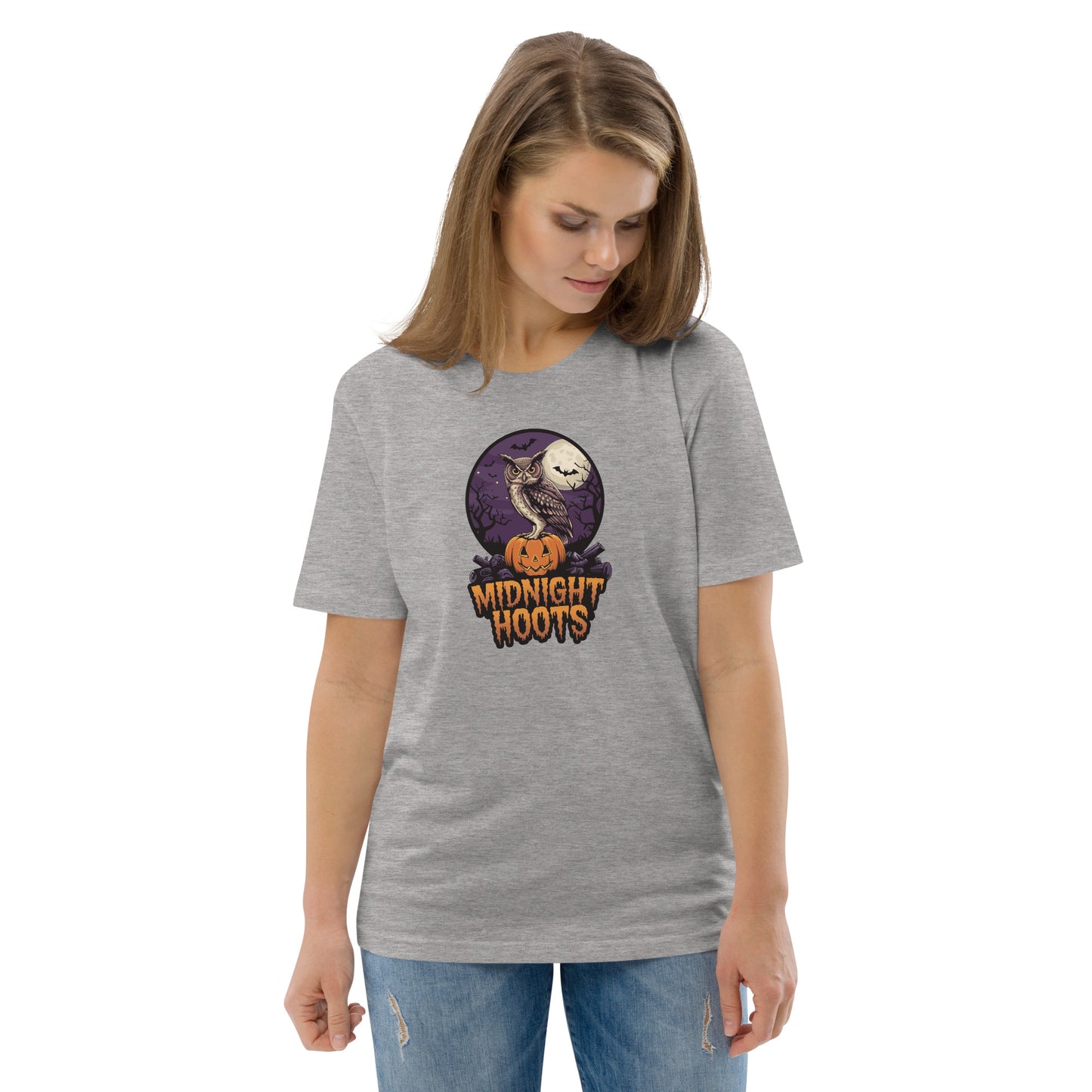 Unisex Organic Cotton T-Shirt: Halloween Owl Eco Fashion USA Heather Grey Dudeily