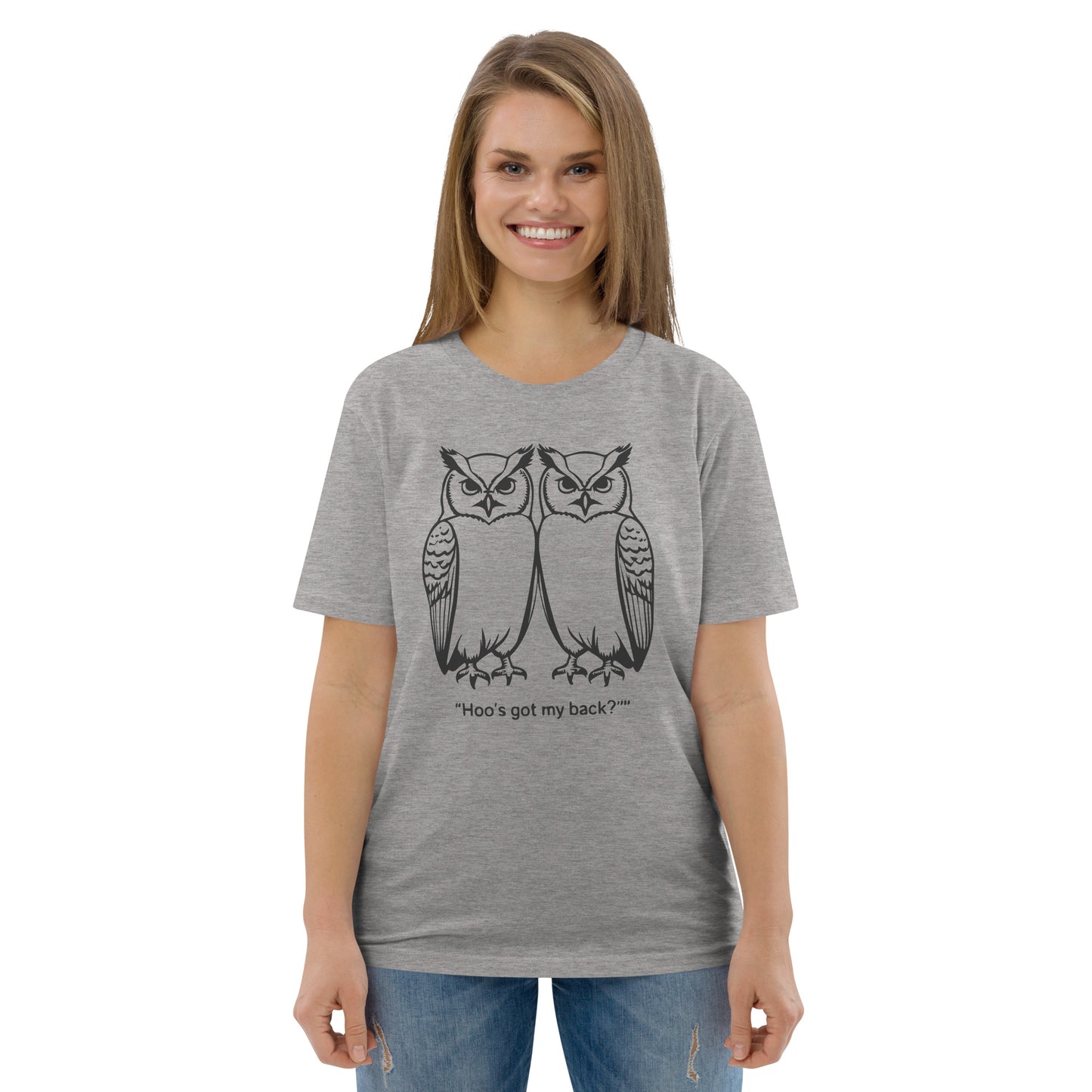 Unisex Organic Cotton T-Shirt: Hoo’s Got My Back? | Owl-Themed Sustainable Fashion USA by Dudeily Dudeily
