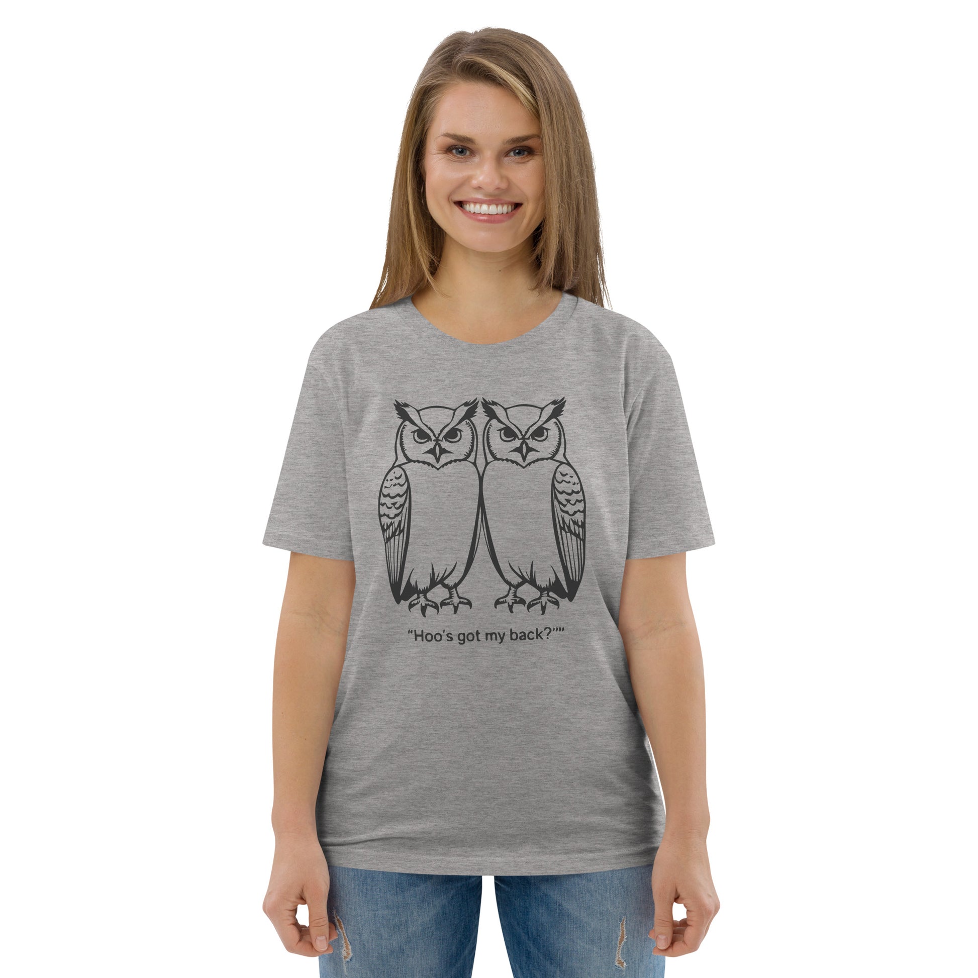 Unisex Organic Cotton T-Shirt: Hoo’s Got My Back? | Owl-Themed Sustainable Fashion USA by Dudeily Dudeily