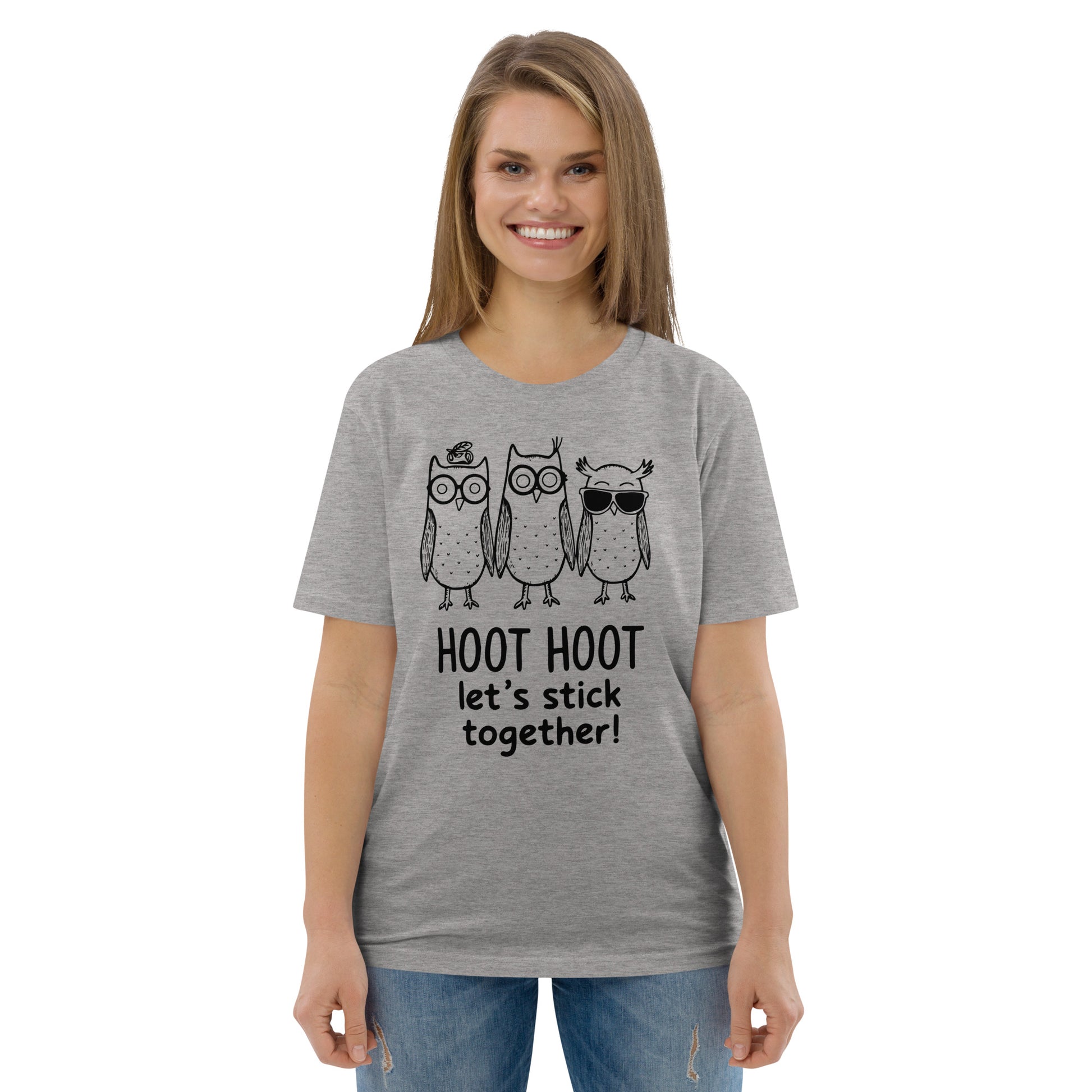 Unisex Organic Cotton T-Shirt: Hoot Hoot Let’s Stick Together! | Owl-Themed Sustainable Fashion USA Dudeily