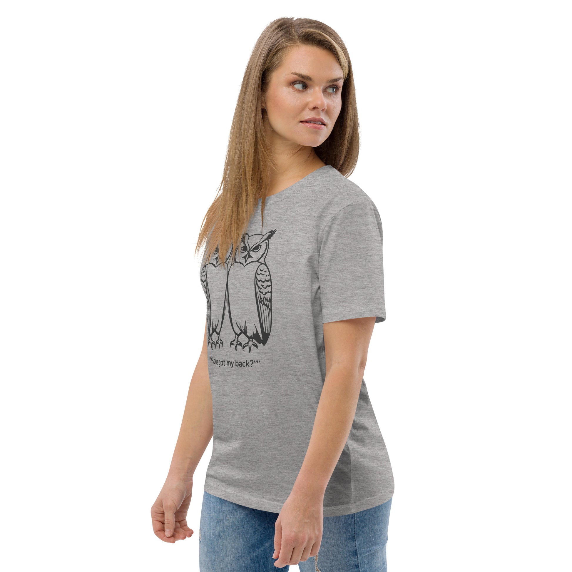 Unisex Organic Cotton T-Shirt: Hoo’s Got My Back? | Owl-Themed Sustainable Fashion USA by Dudeily Dudeily
