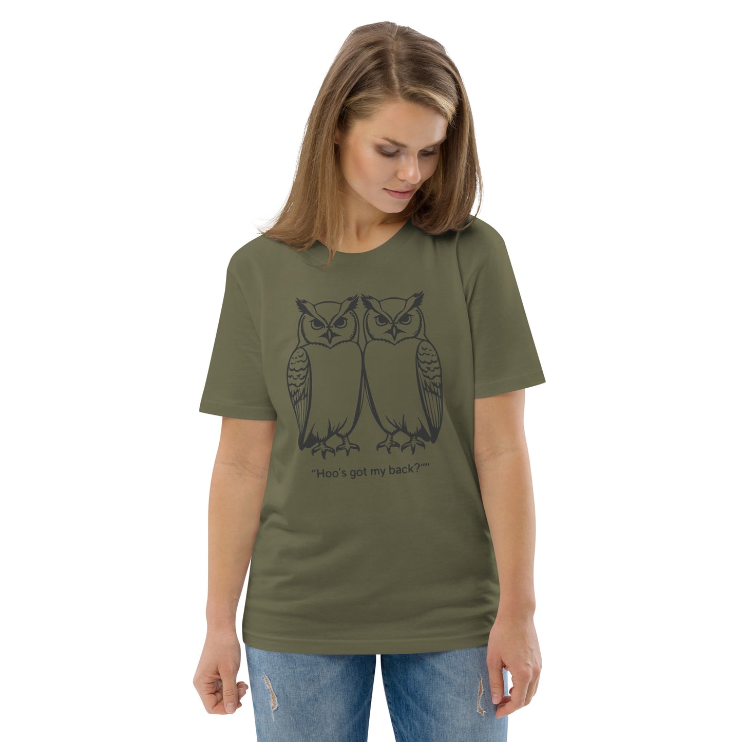 Unisex Organic Cotton T-Shirt: Hoo’s Got My Back? | Owl-Themed Sustainable Fashion USA by Dudeily Khaki Dudeily