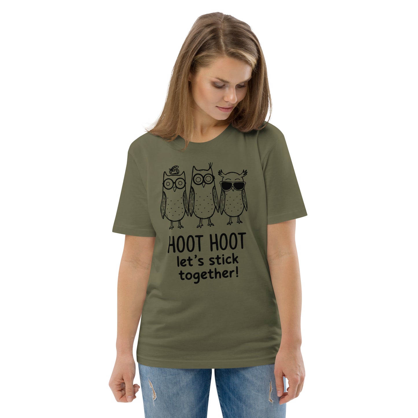 Unisex Organic Cotton T-Shirt: Hoot Hoot Let’s Stick Together! | Owl-Themed Sustainable Fashion USA Khaki Dudeily